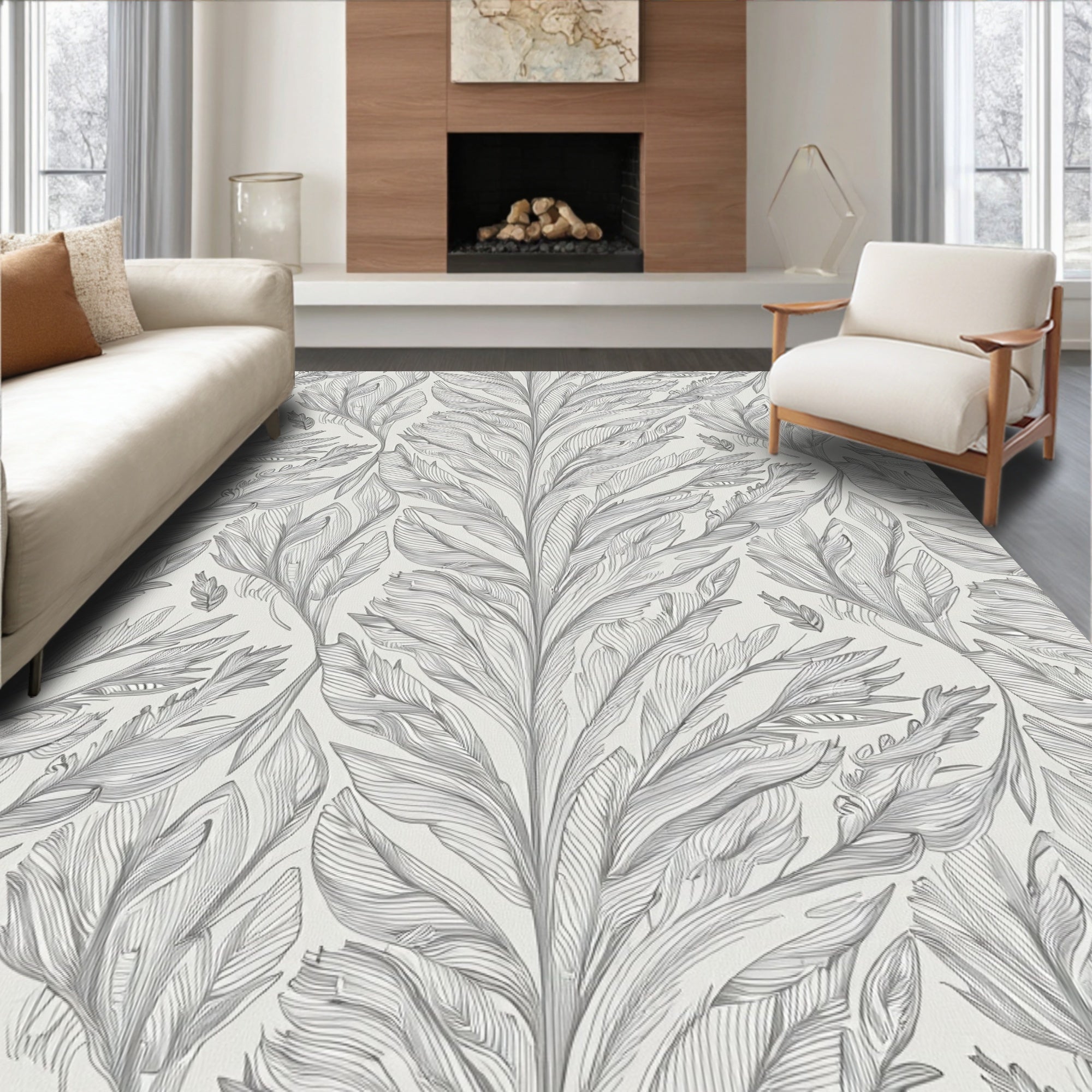 Feather Fan Pattern Delicate Lines Rug