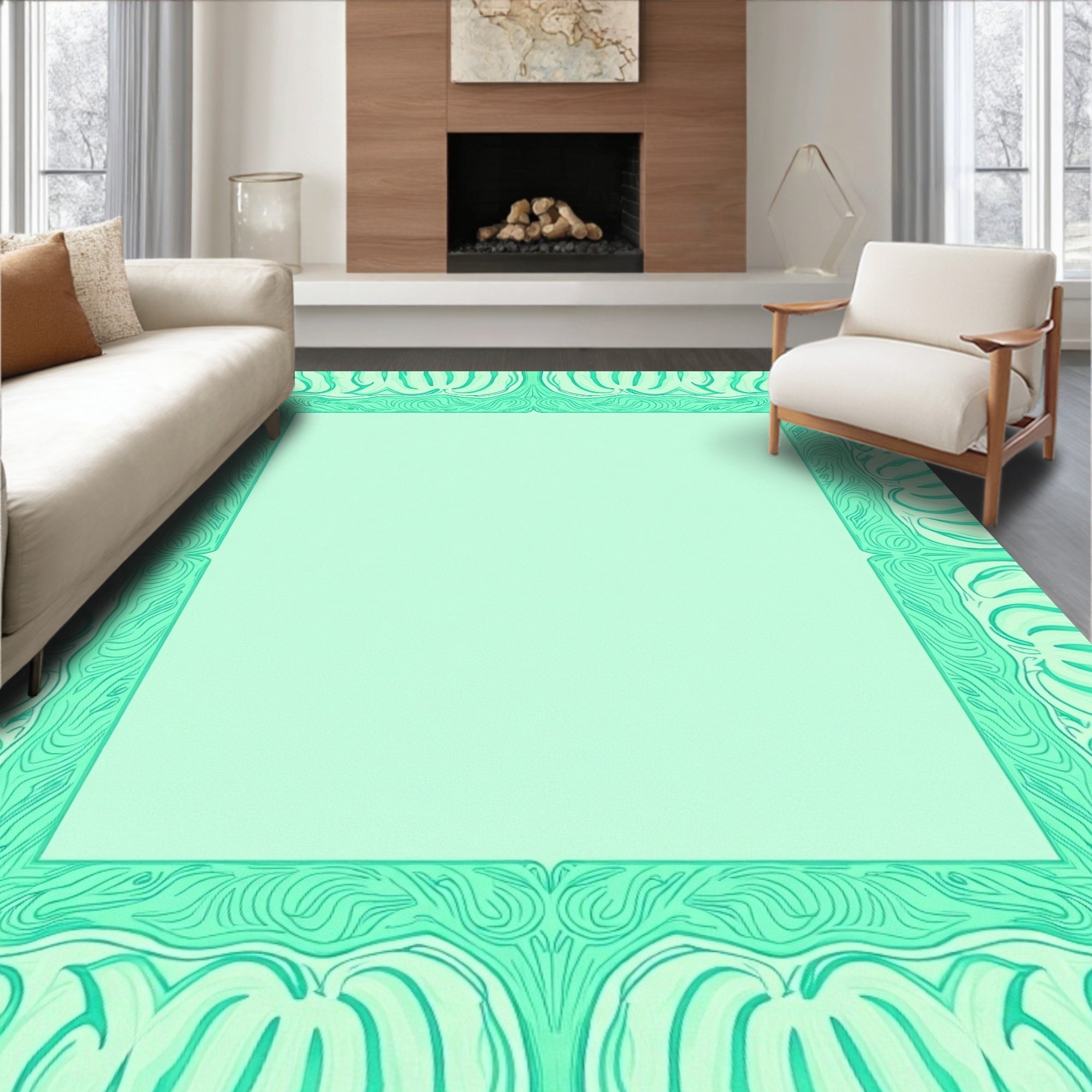Mint Green Ornate Border Design Rug