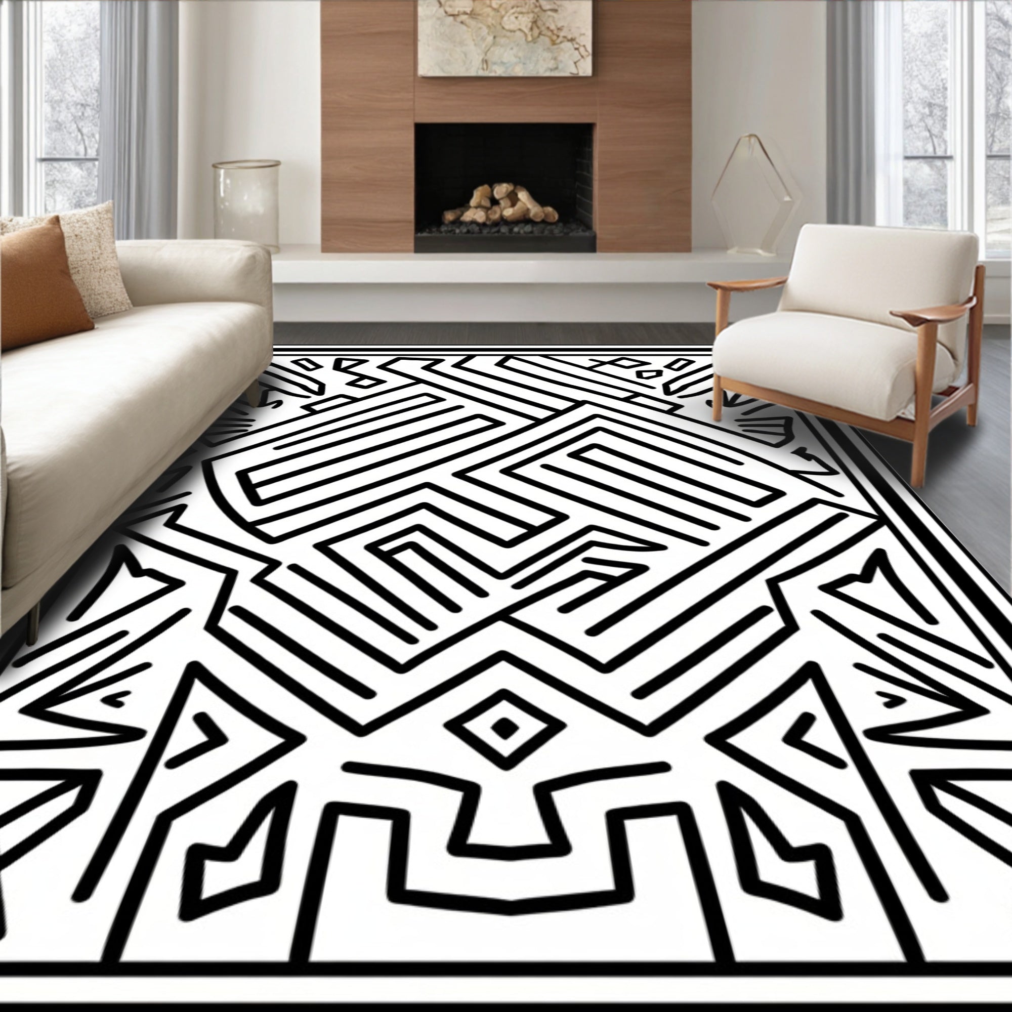 Abstract Maze Geometric Line Art Pattern Rug