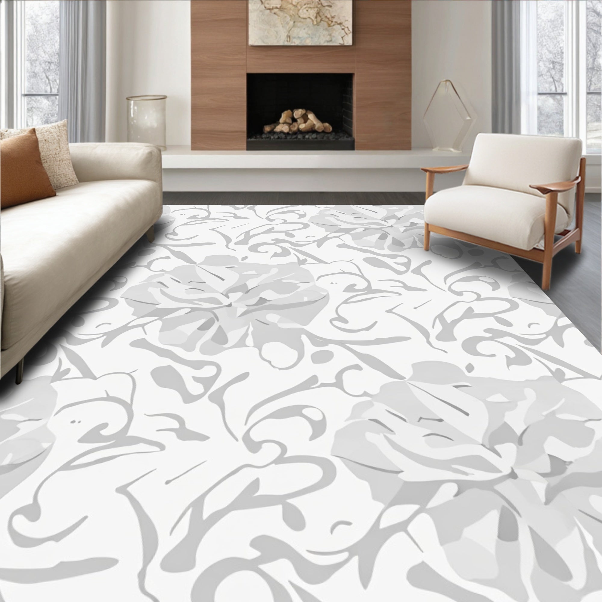 Soft Gray Floral Scroll Pattern Rug