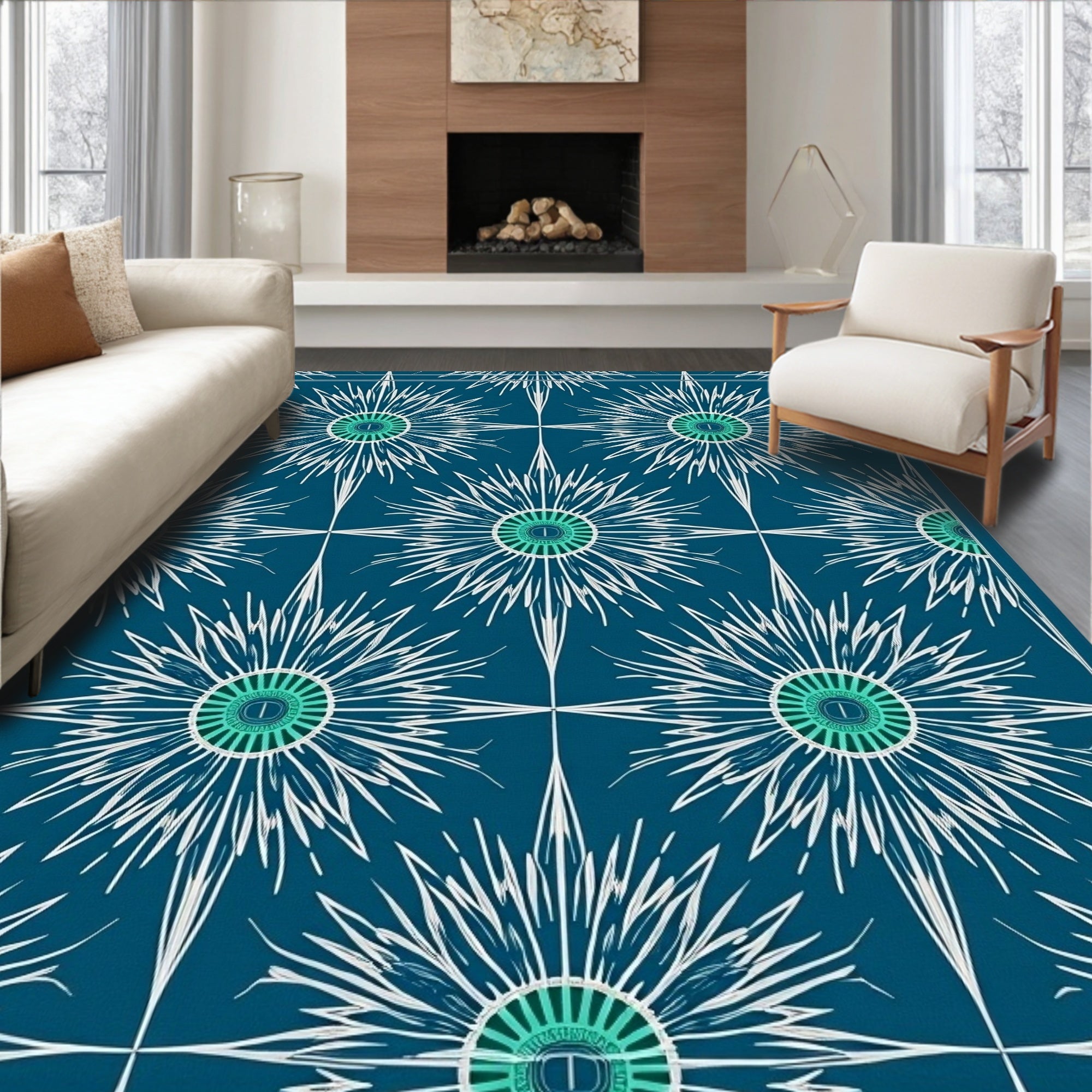 Abstract Starburst Teal White Pattern Rug