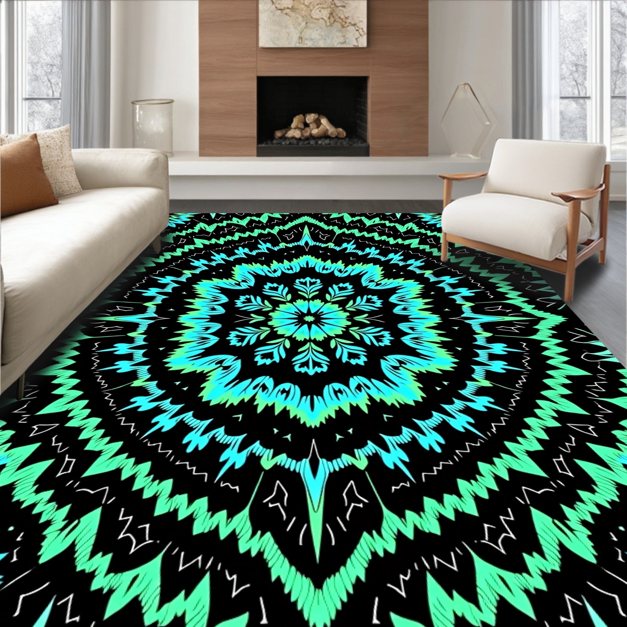 Radiant Teal Bloom Mandala Pattern Rug