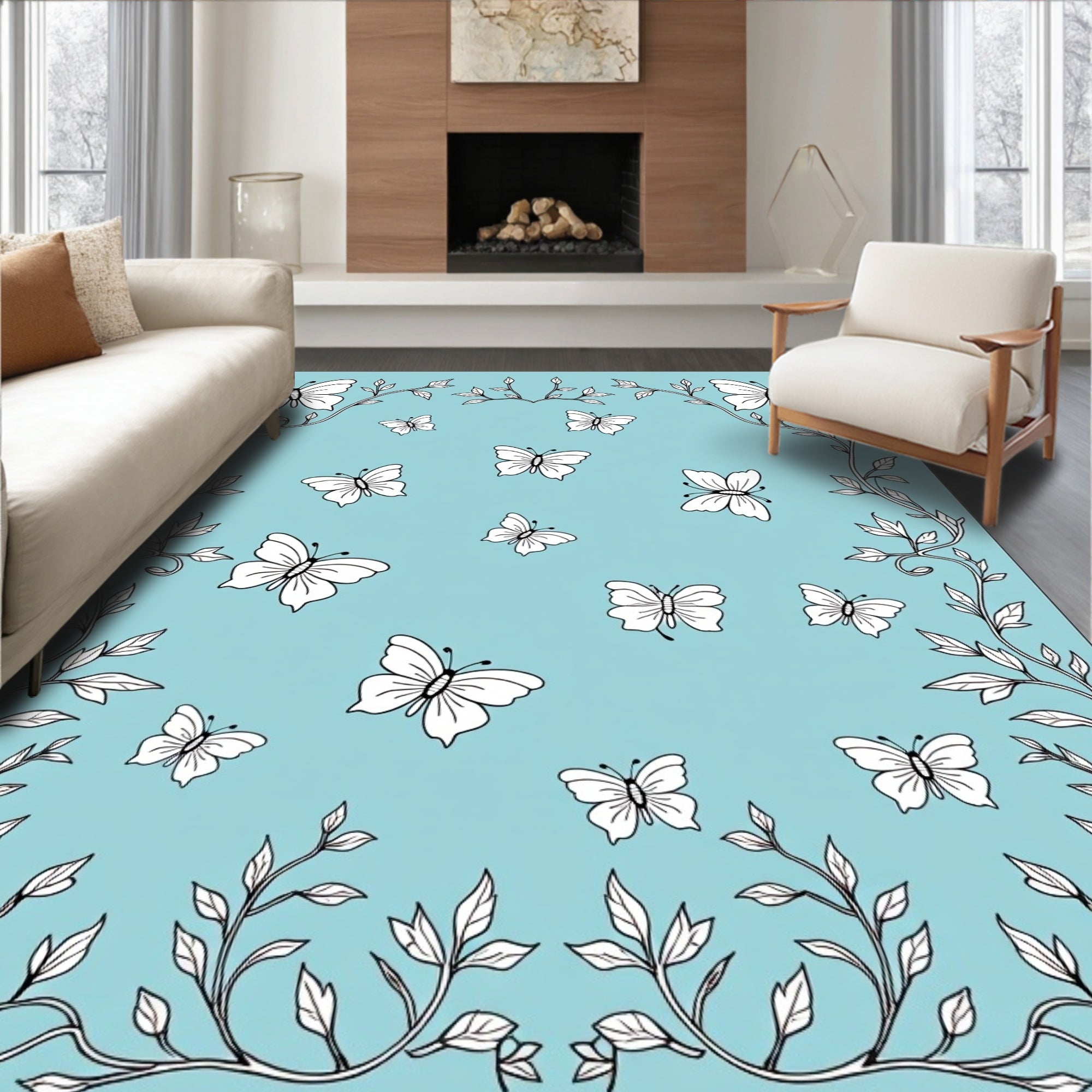 Whimsical Butterflies Vines Design Rug