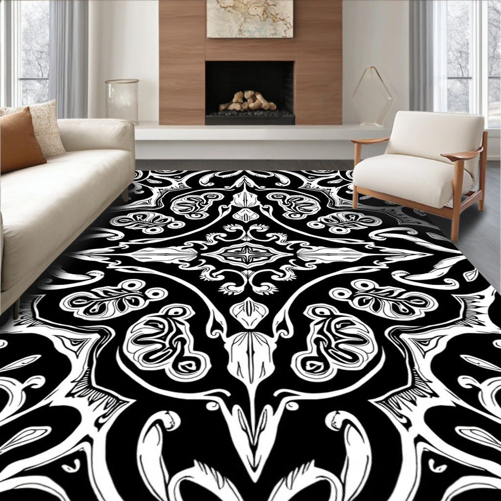 Bold Black White Floral Design Rug