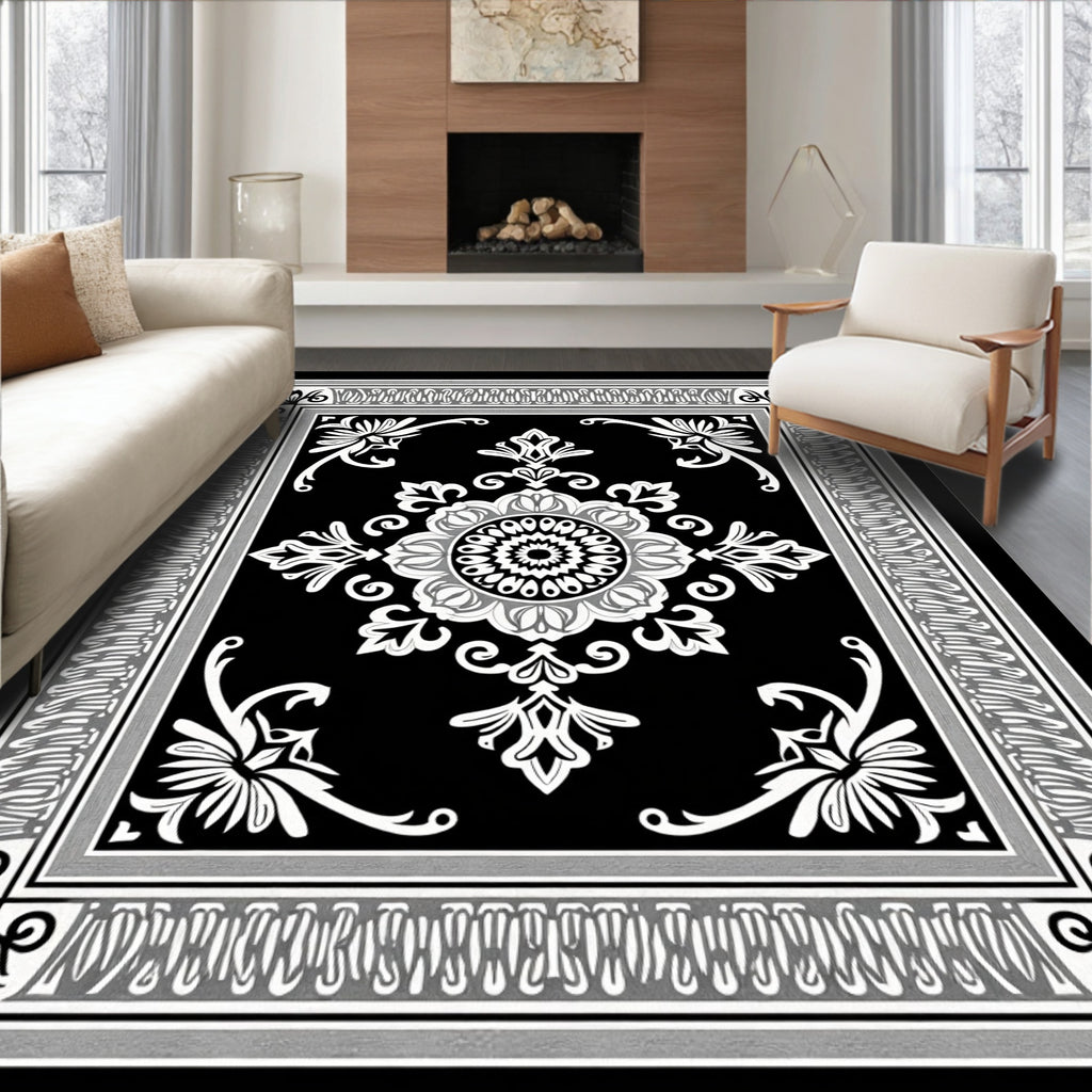 Classic Black White Floral Medallion Rug