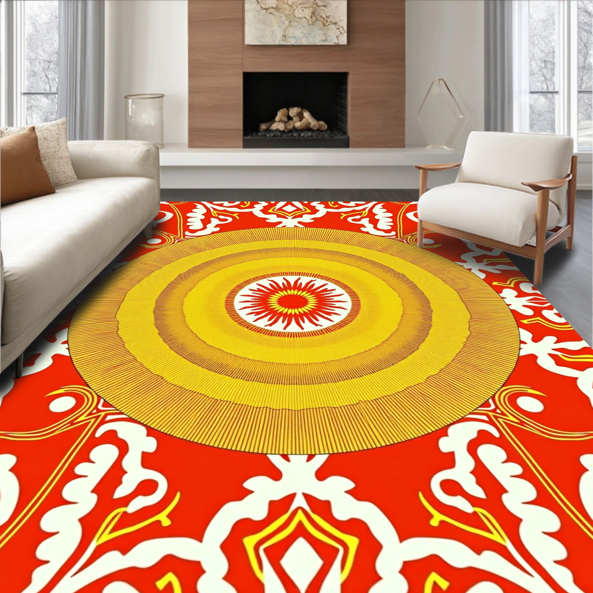 Bold Retro Sunburst Damask Rug