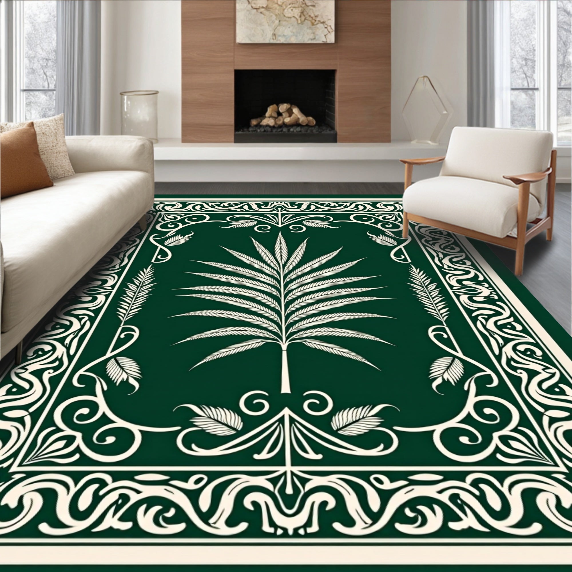 Ornate Green Fern Pattern Rug