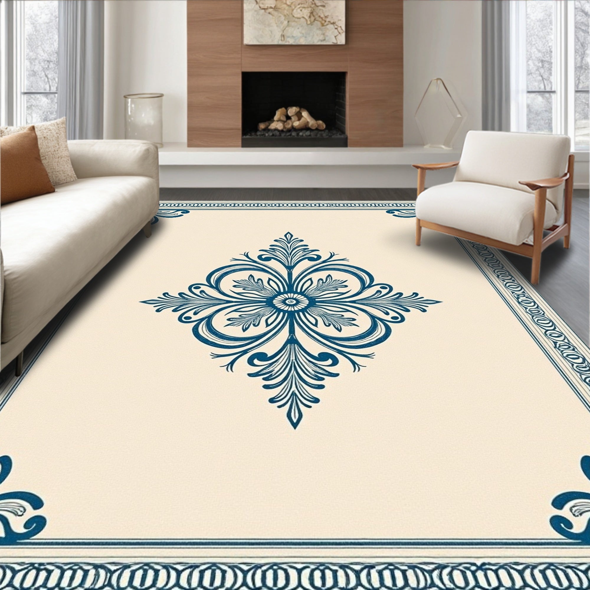 Ornate Blue Floral Timeless Design Rug