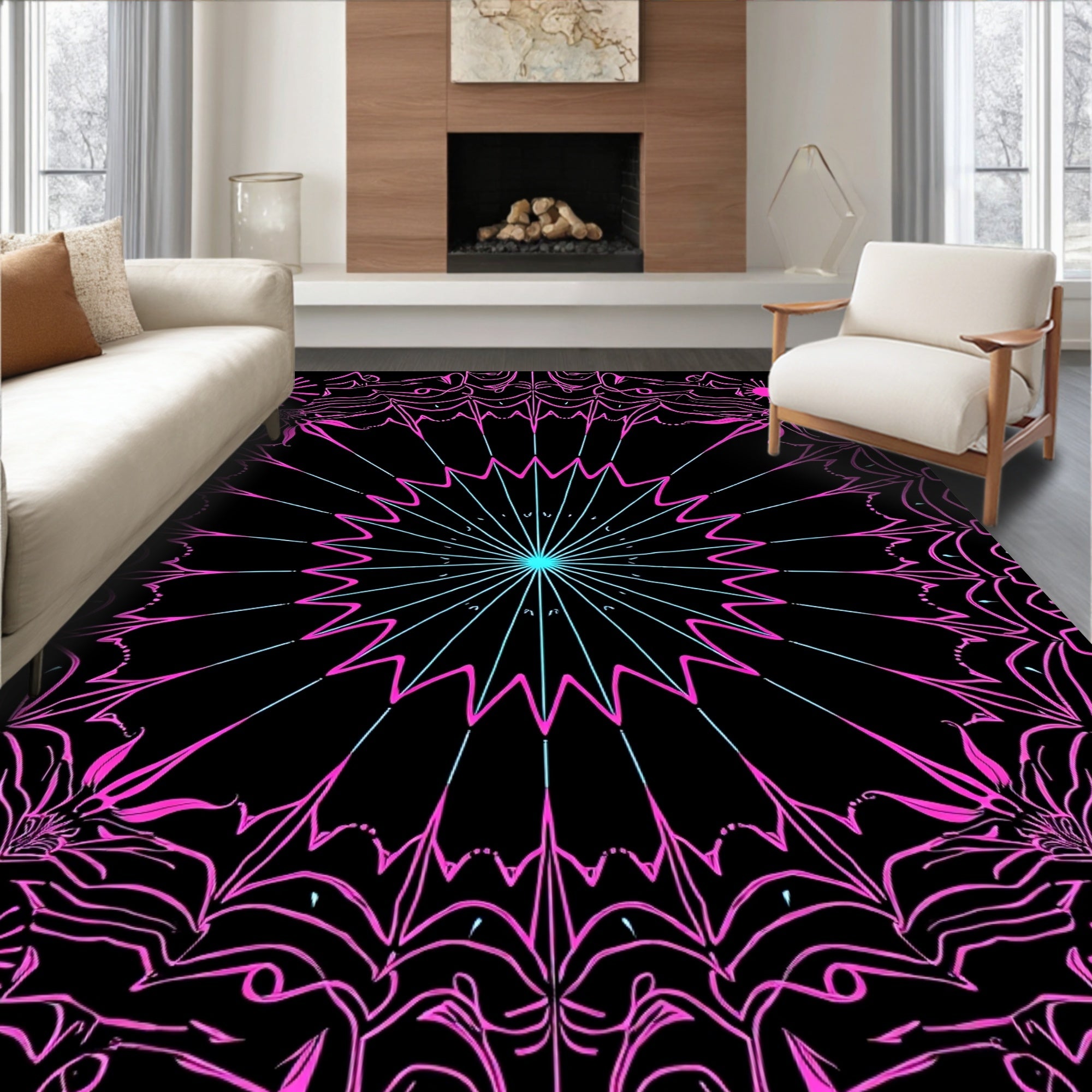 Symmetrical Pink Cyan Floral Burst Rug