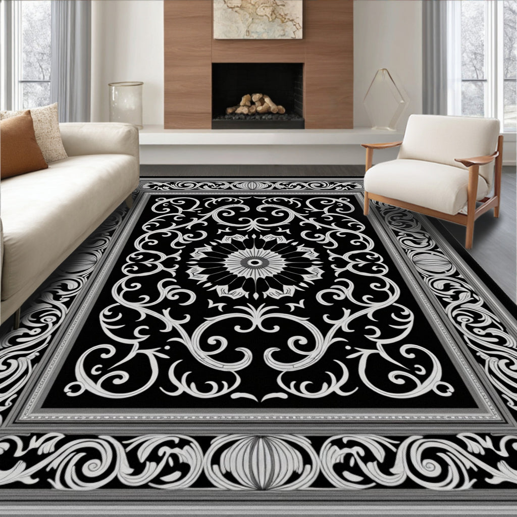 Black White Ornate Scrollwork Rug