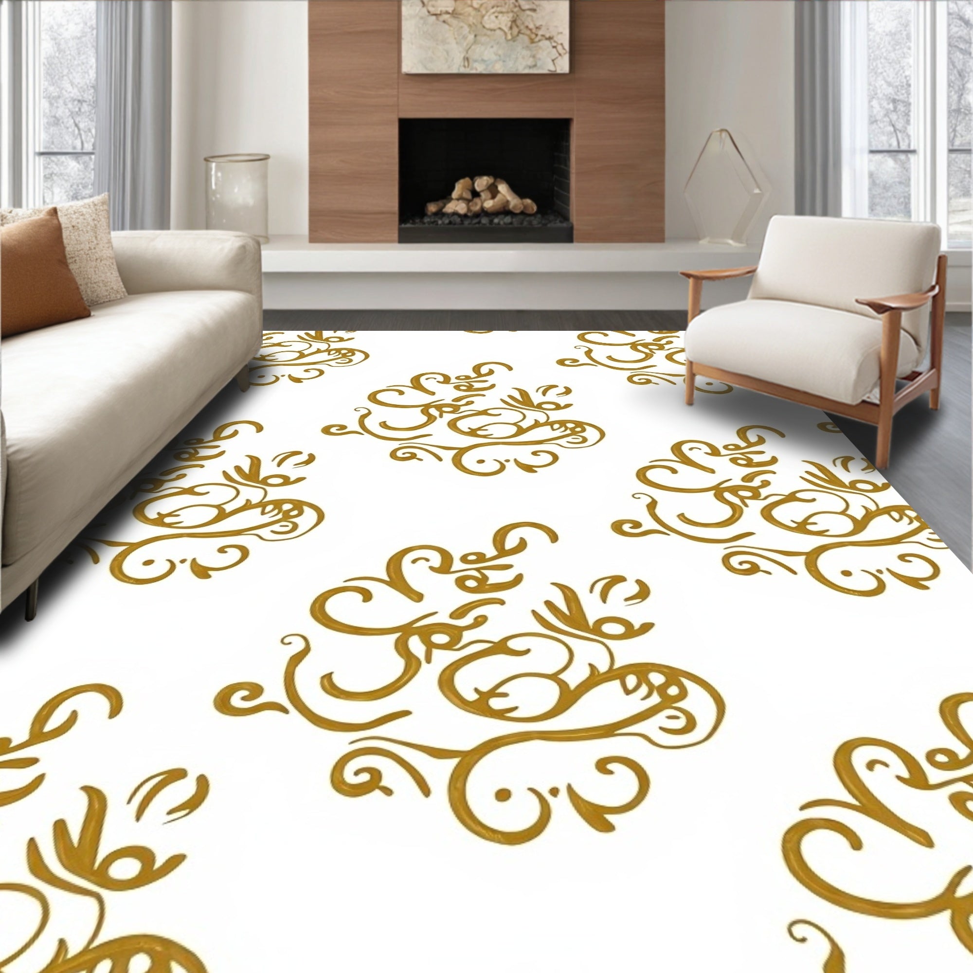 Golden Swirls Floral Pattern Rug