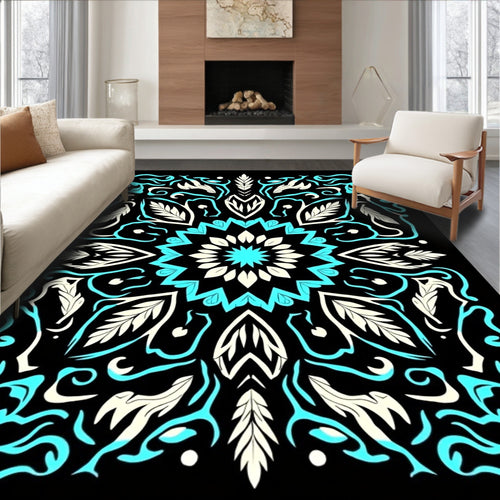 Abstract Teal Cream Mandala Design Rug
