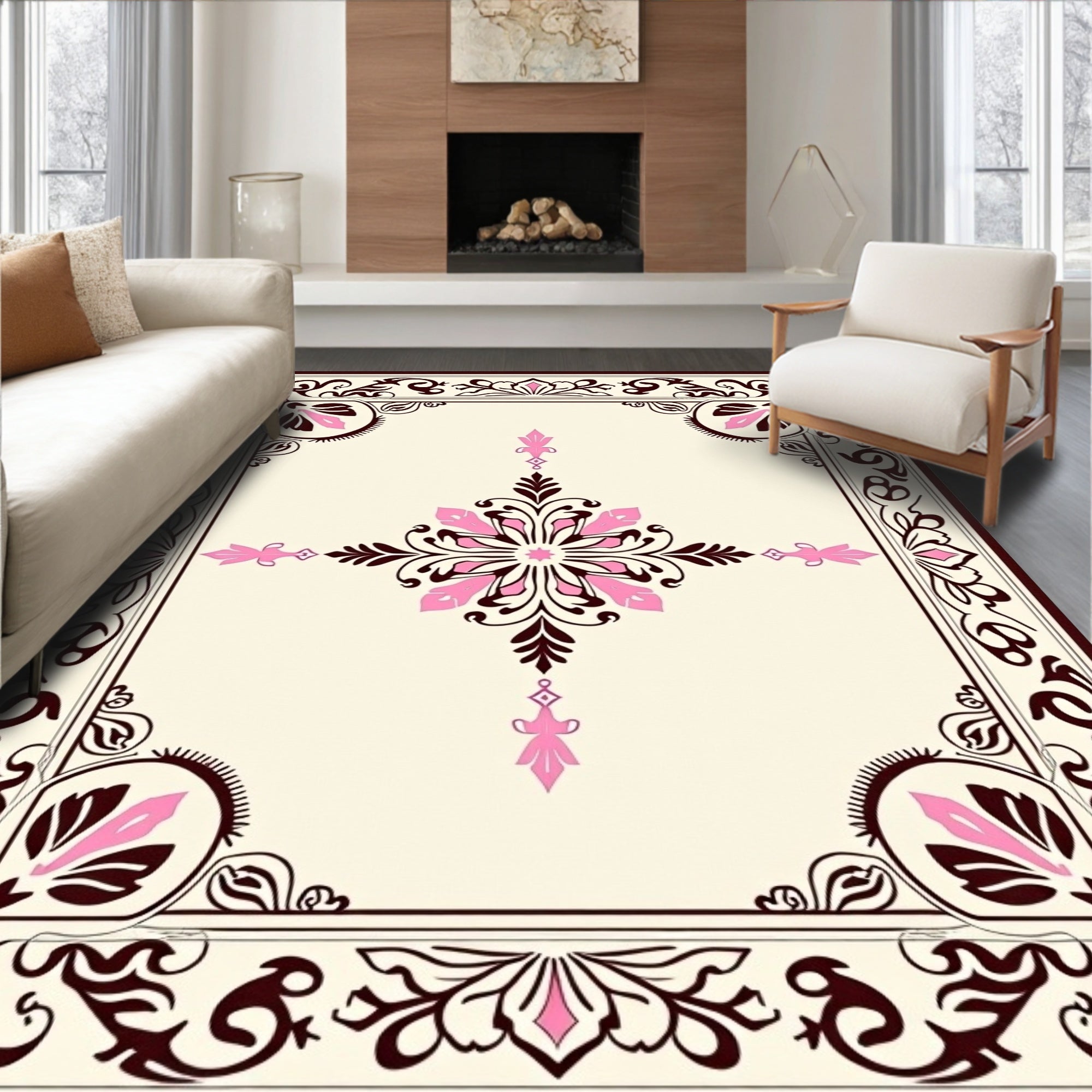 Ornate Floral Brown Pink Classic Rug