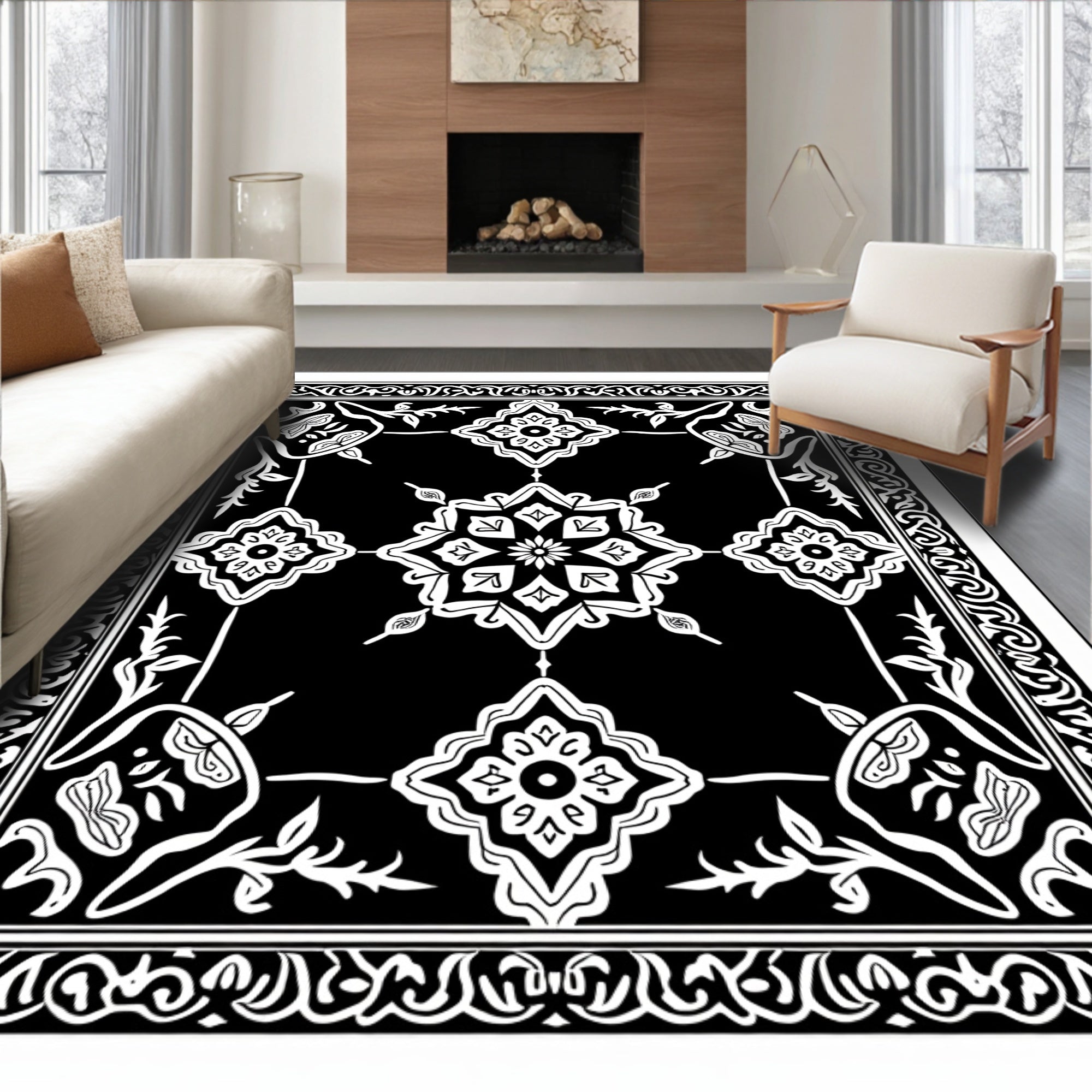 Black White Ornate Floral Mandala Rug