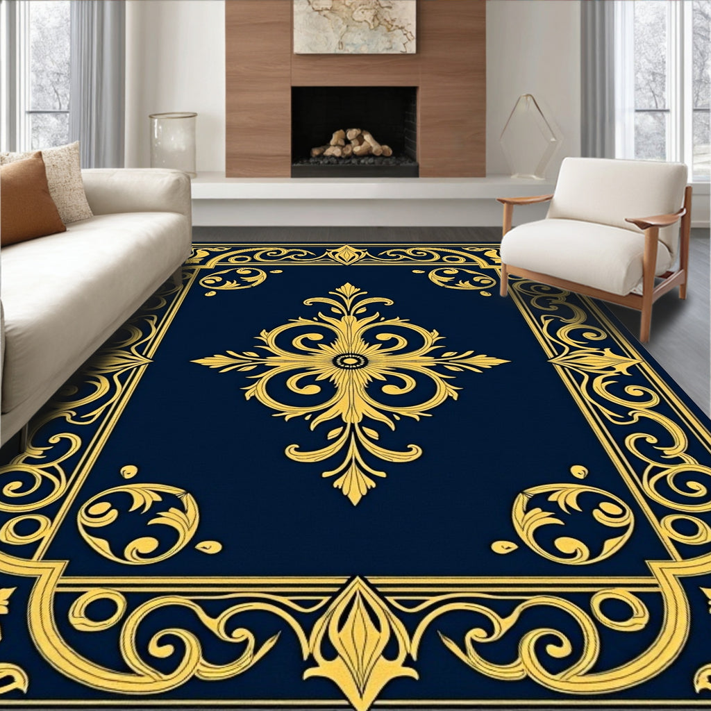 Ornate Gold Navy Scrollwork Design Rug