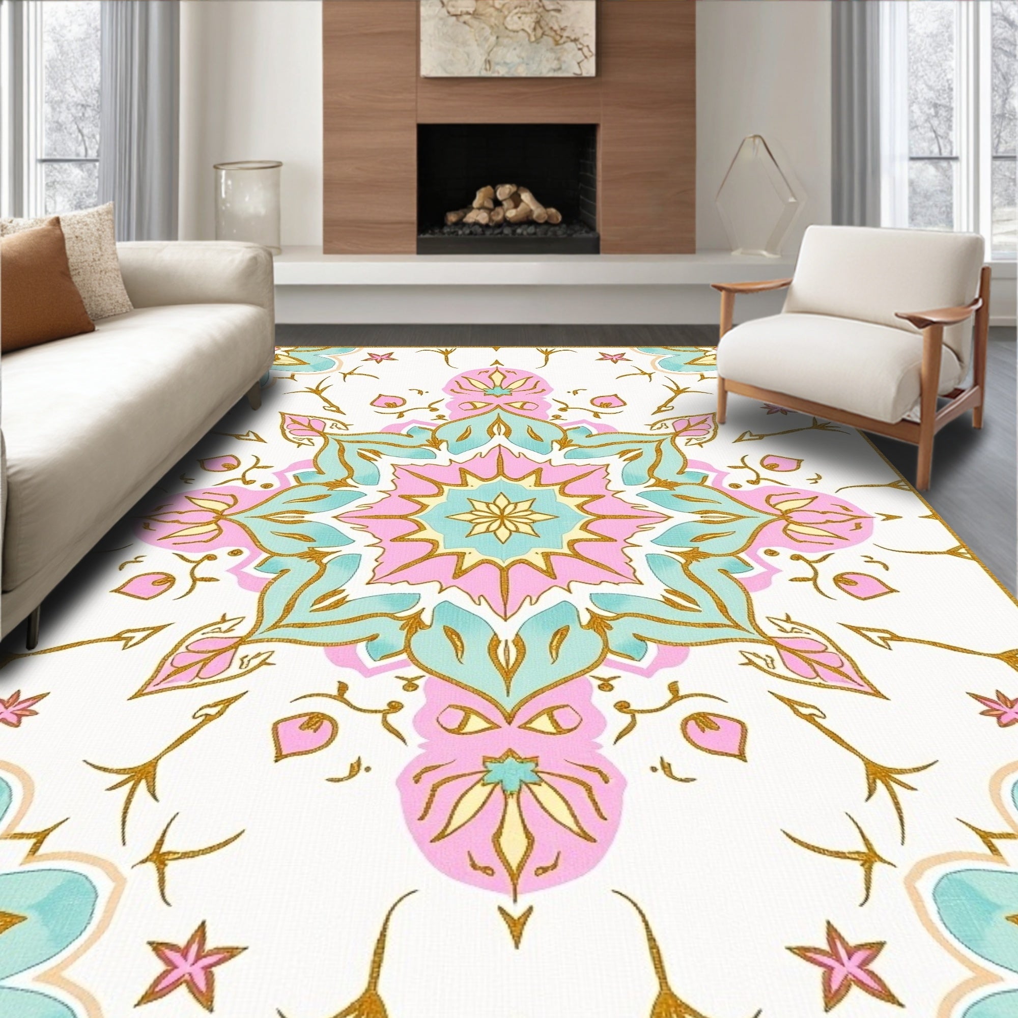 Pastel Floral Mandala Pattern With Gold Rug