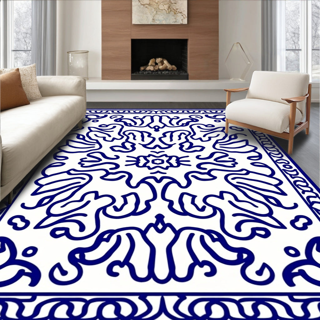 Elegant Blue White Floral Motifs Rug