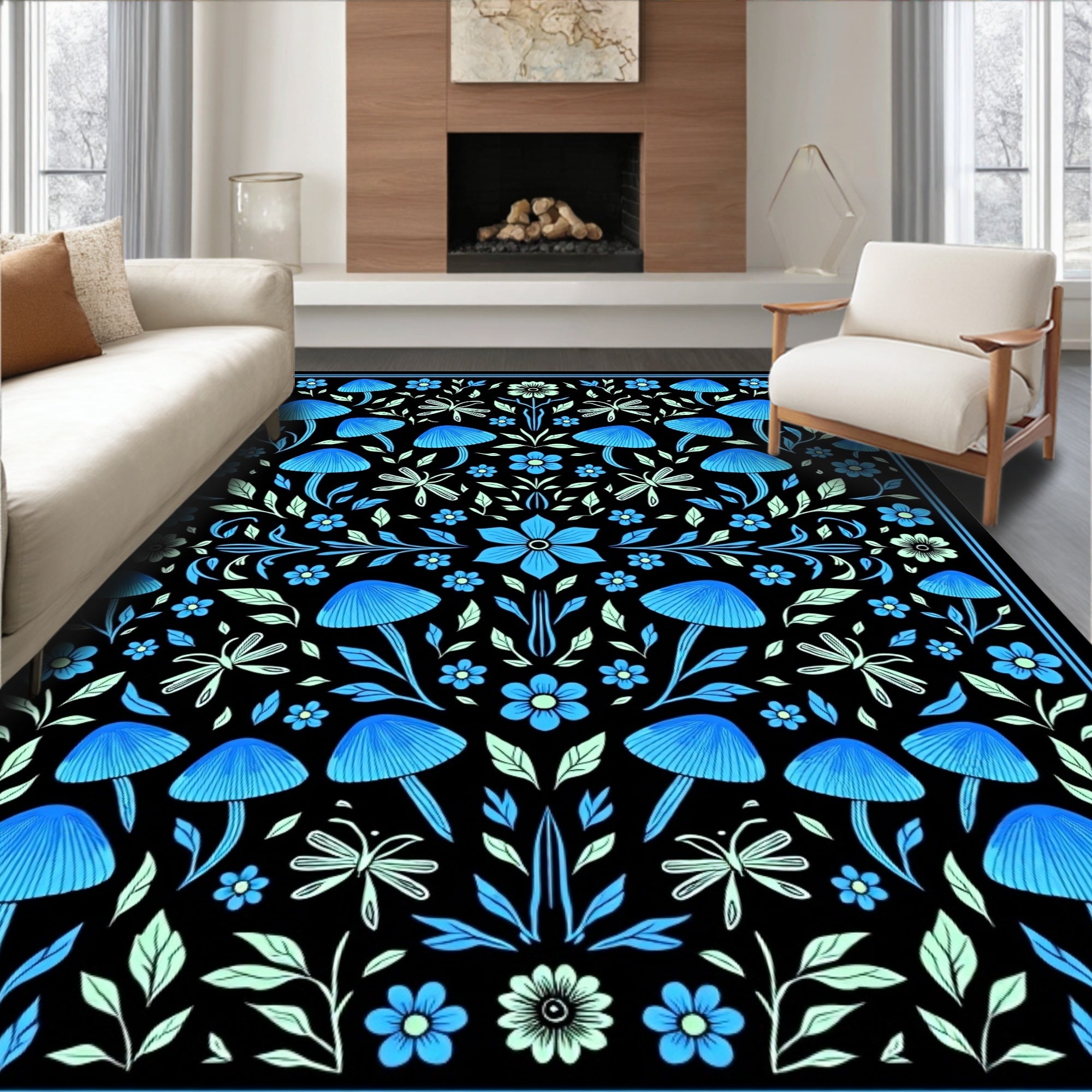 Mushroom And Flower Symmetrical Pattern Rug