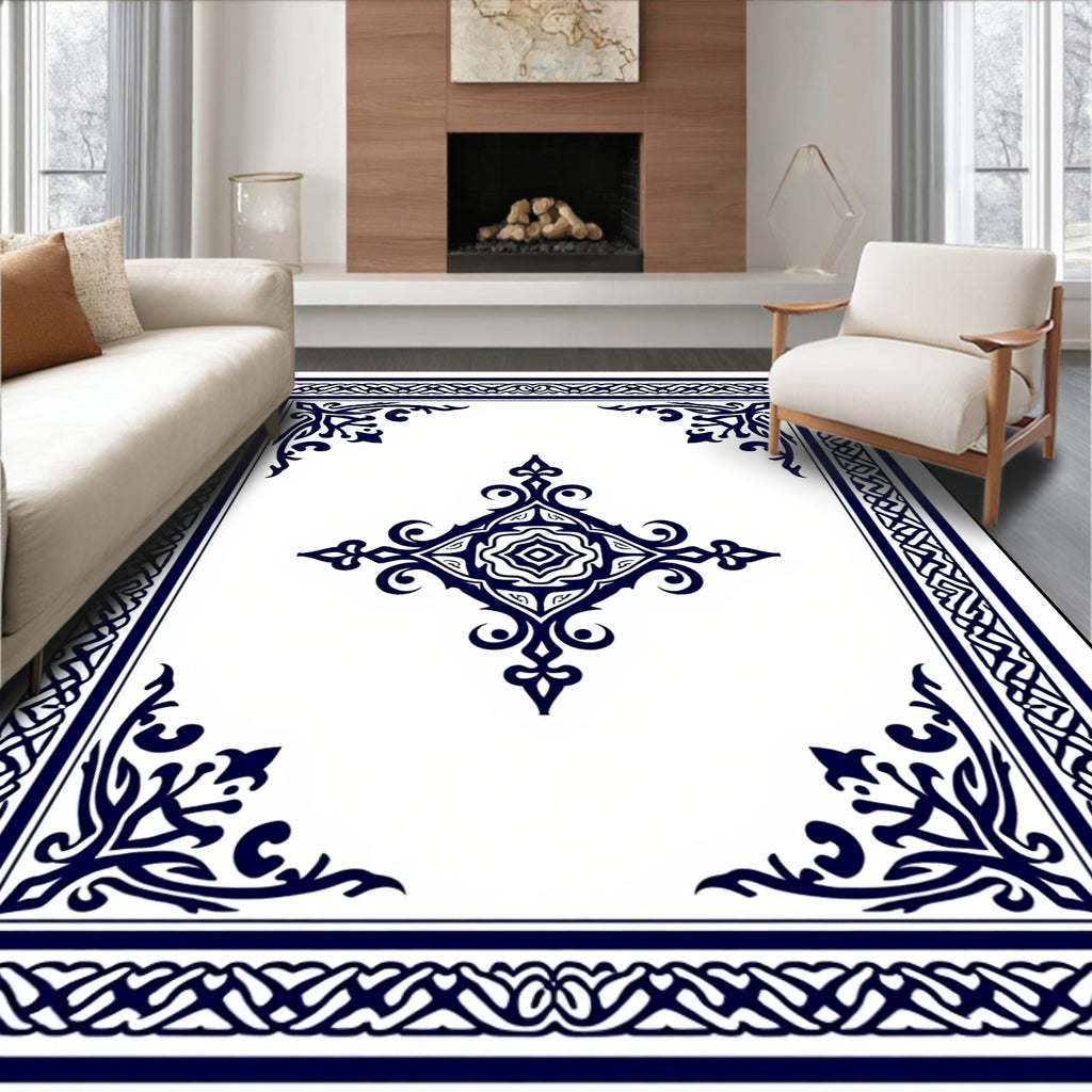 Intricate Blue White Geometric Design Rug