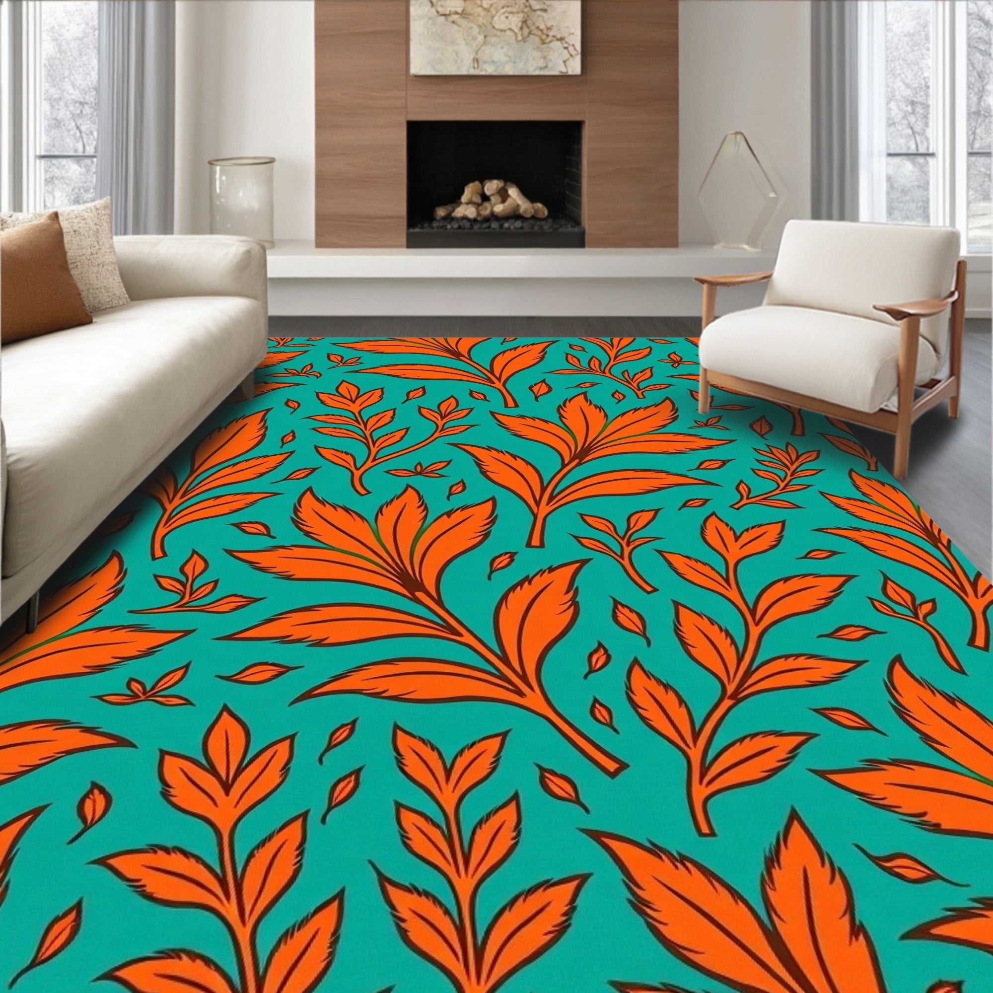 Vibrant Orange Leaf Pattern Rug