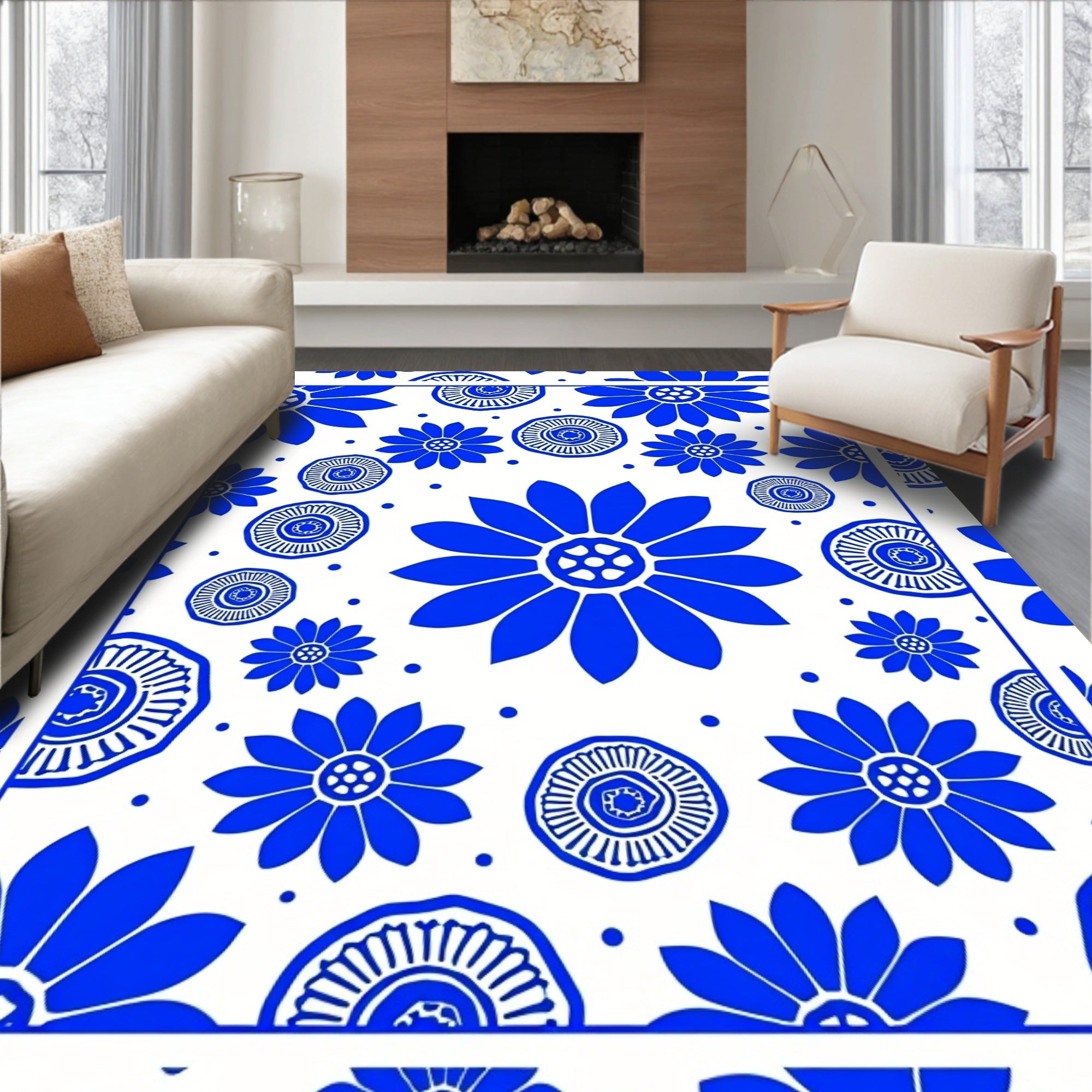 Bold Blue Floral Pattern Design Rug