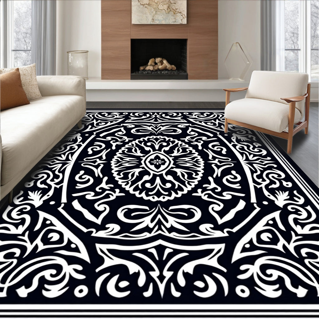 Classic Black White Intricate Ornate Rug