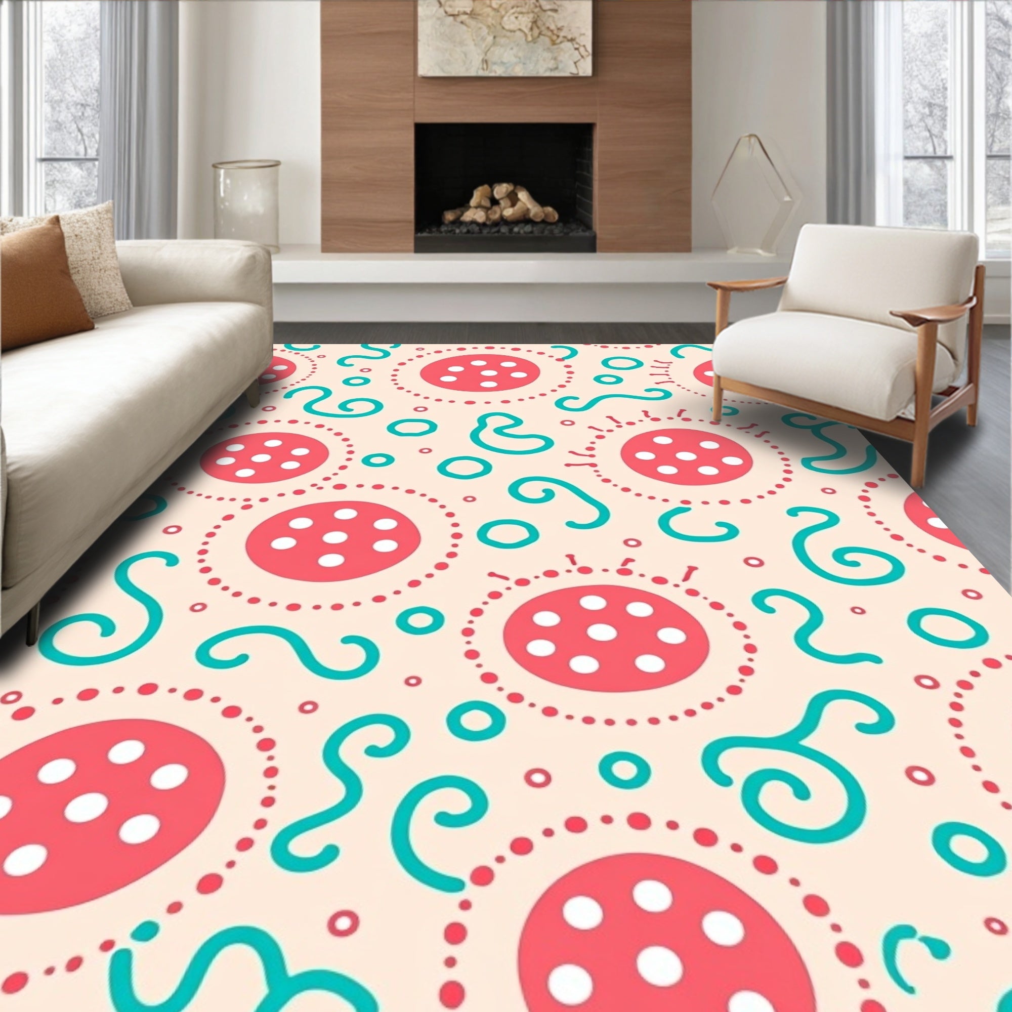 Coral Teal Dot Circles Design Rug
