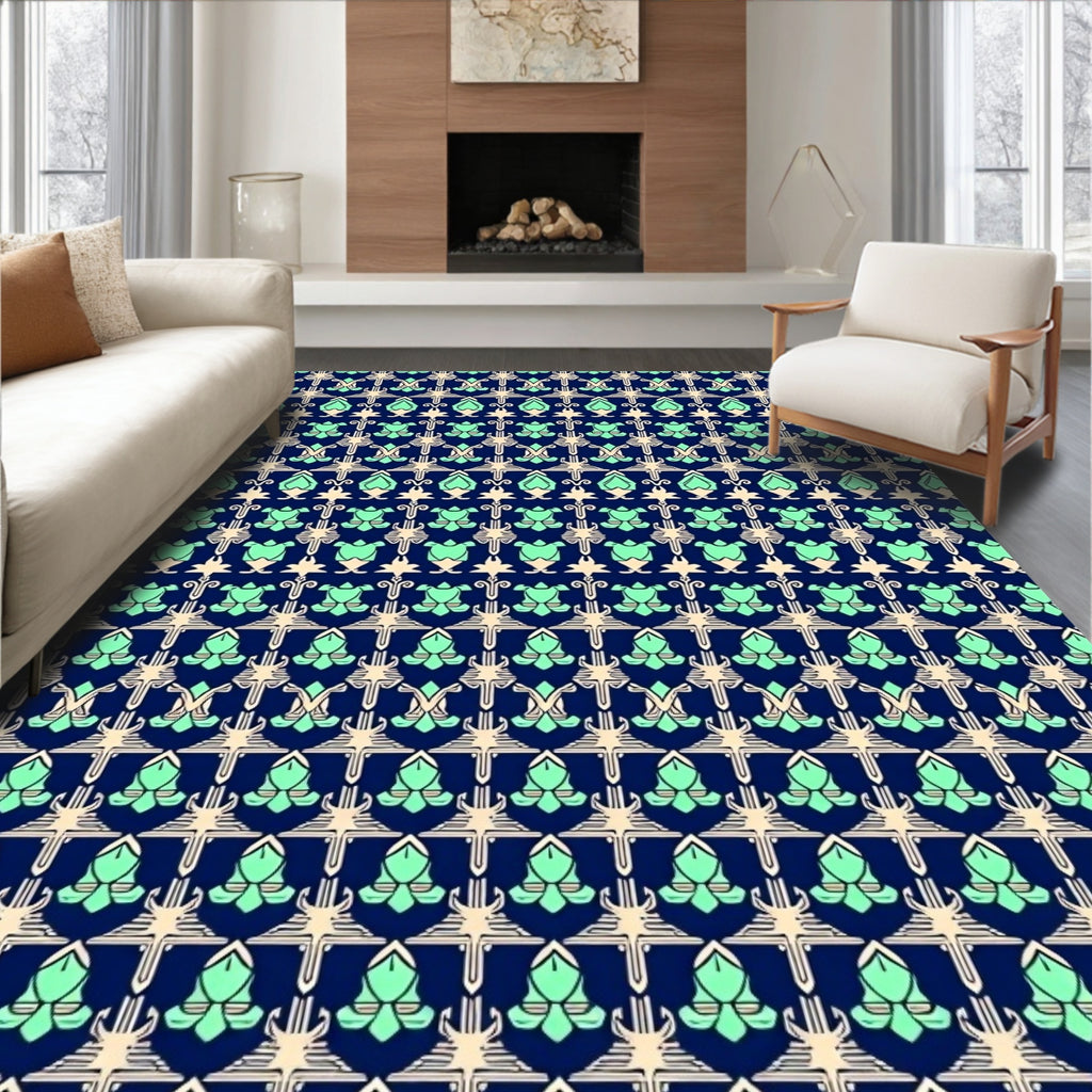 Navy Teal Floral Geometric Pattern Rug
