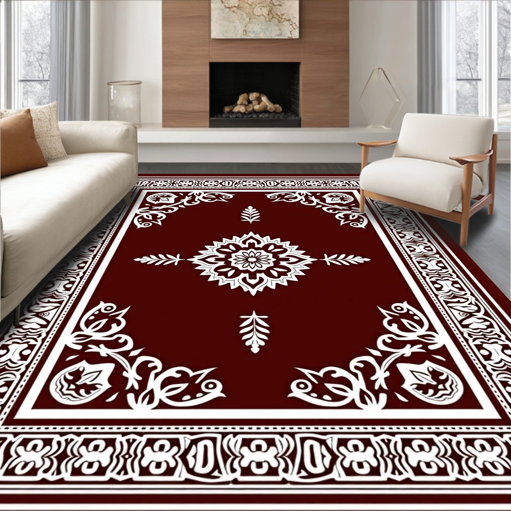 Ornate Floral Medallion Vine Border Rug