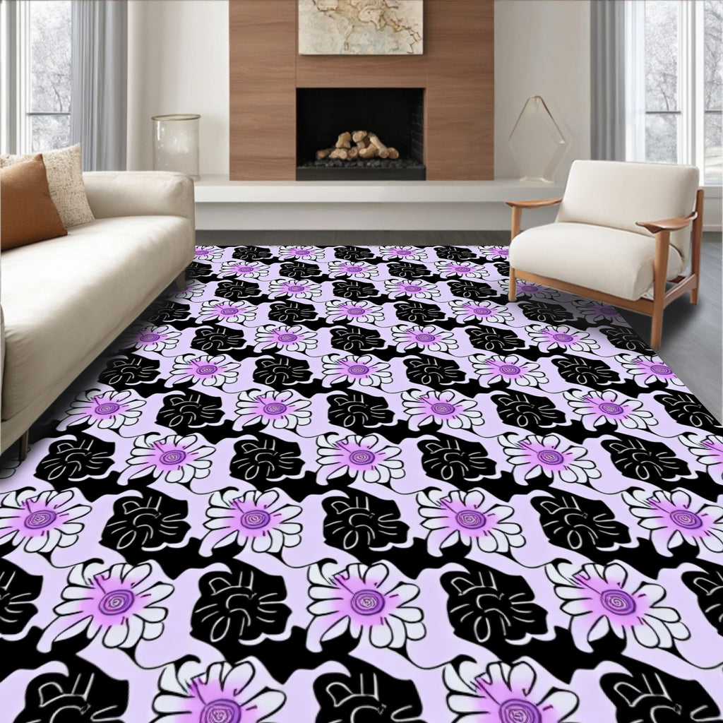 Purple Daisy Black Flower Pattern Rug