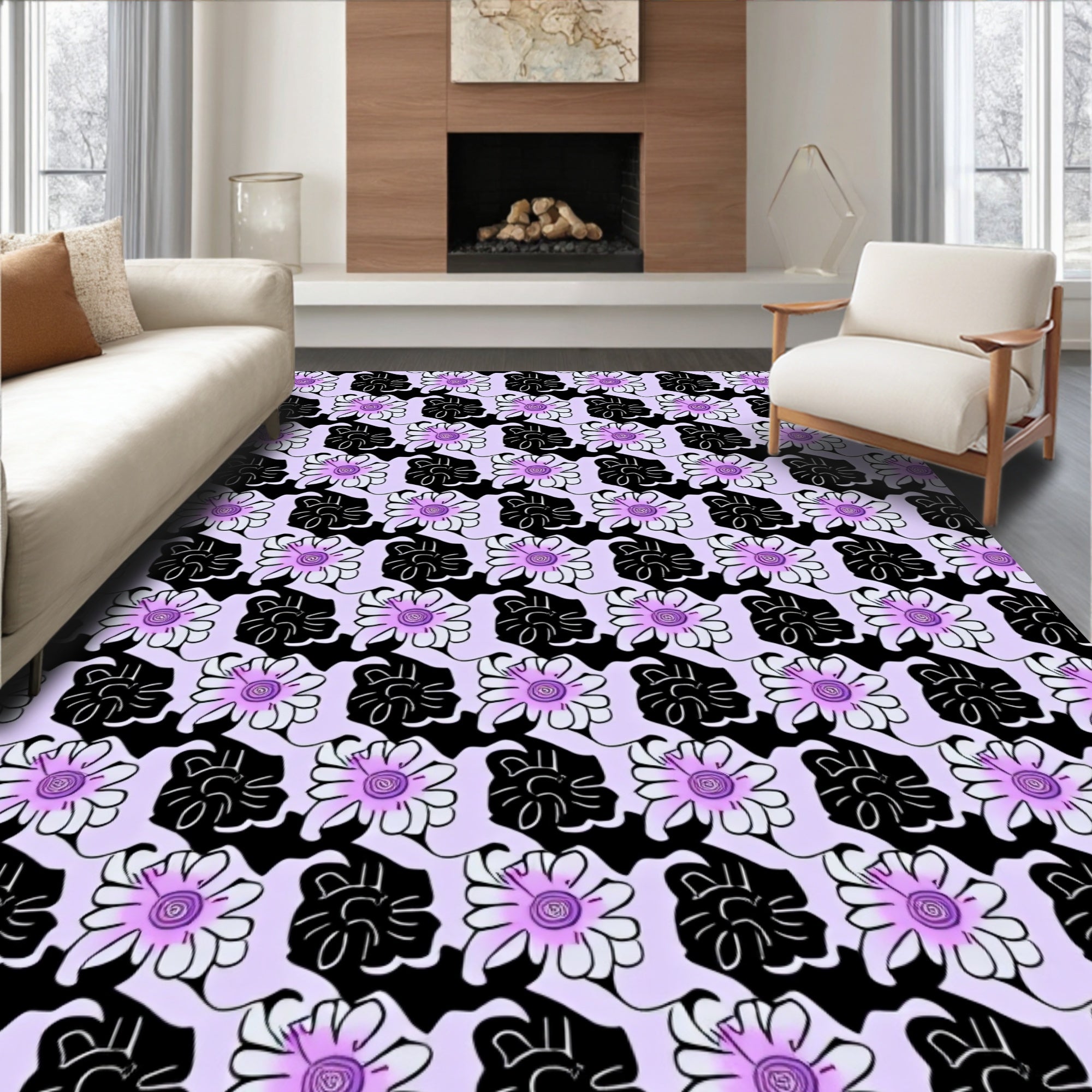 Purple Daisy Black Flower Pattern Rug