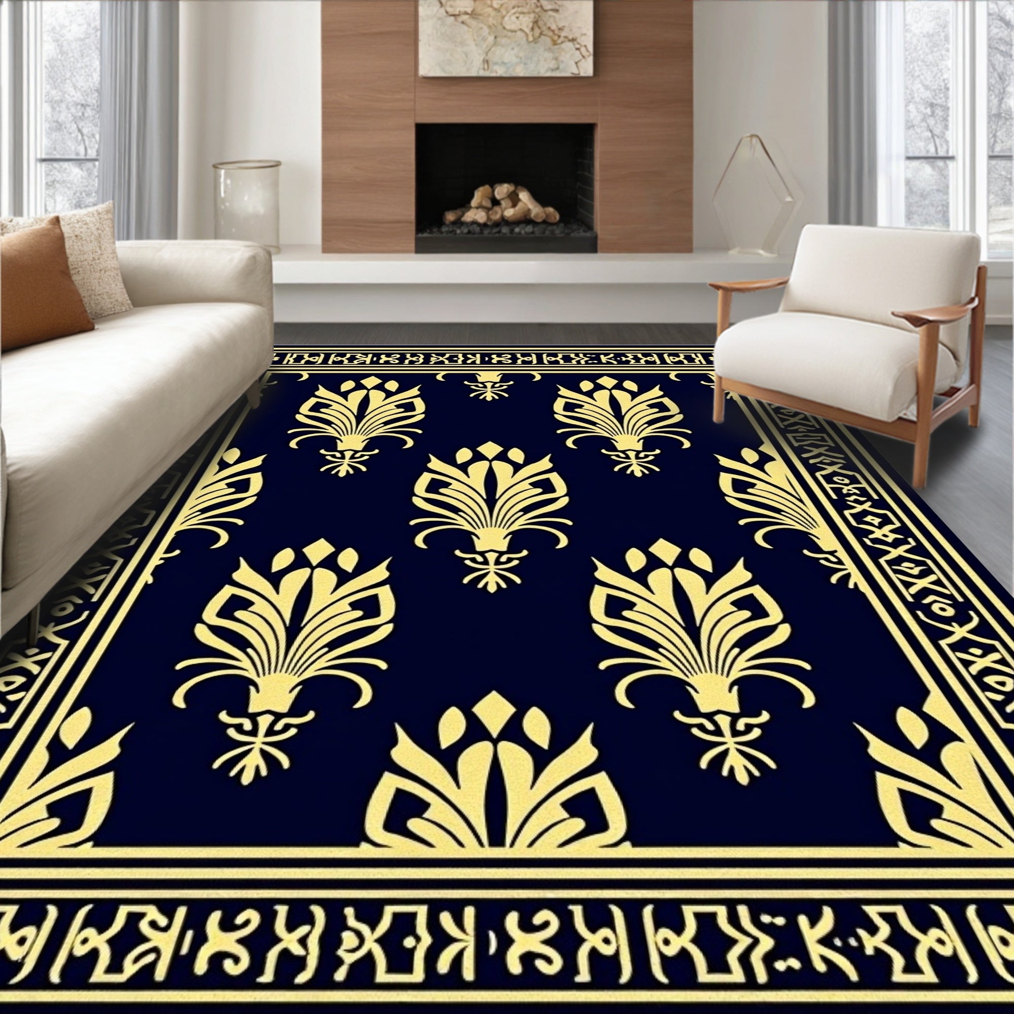 Classic Floral Motif With Geometric Borders Rug