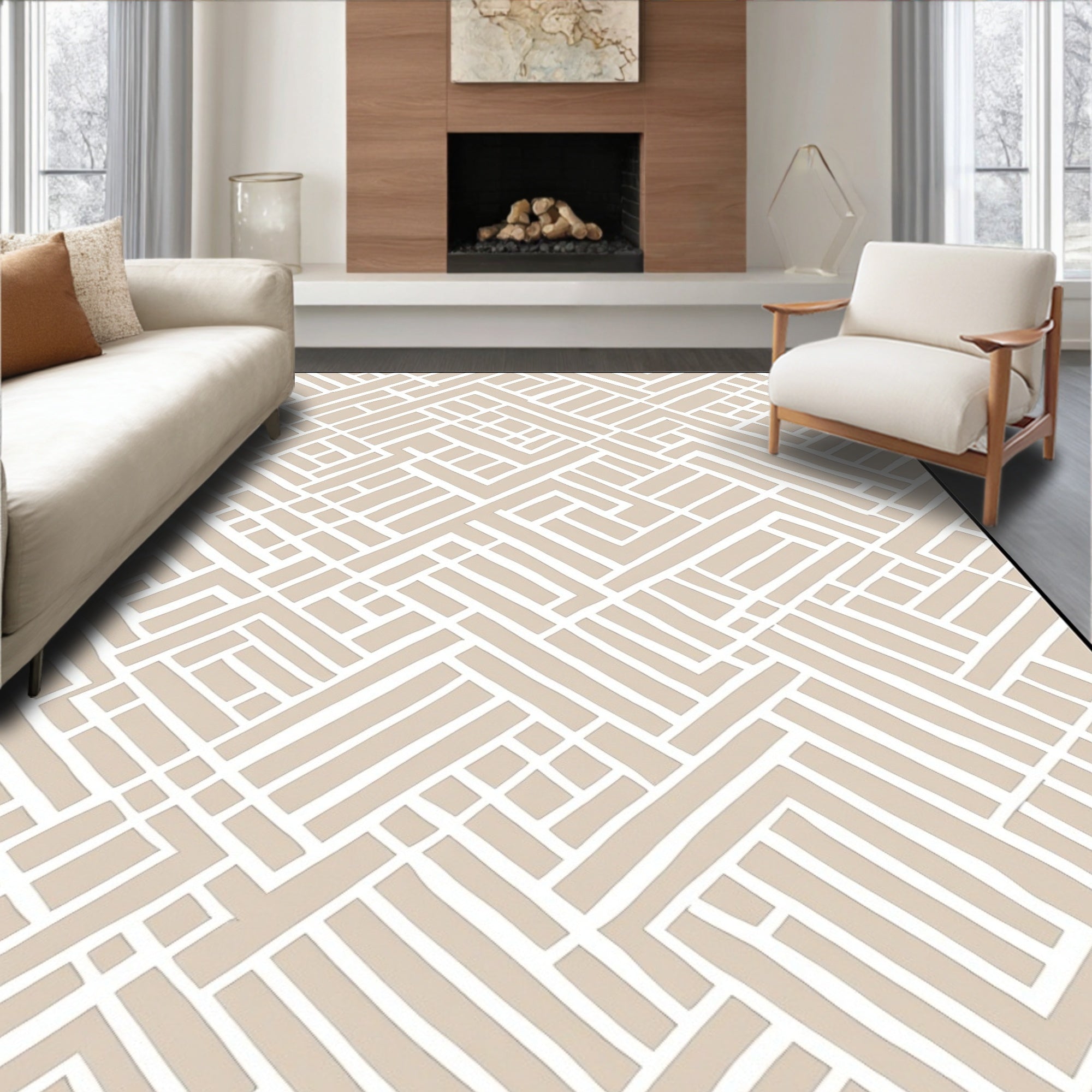Abstract Geometric Tan White Pattern Rug