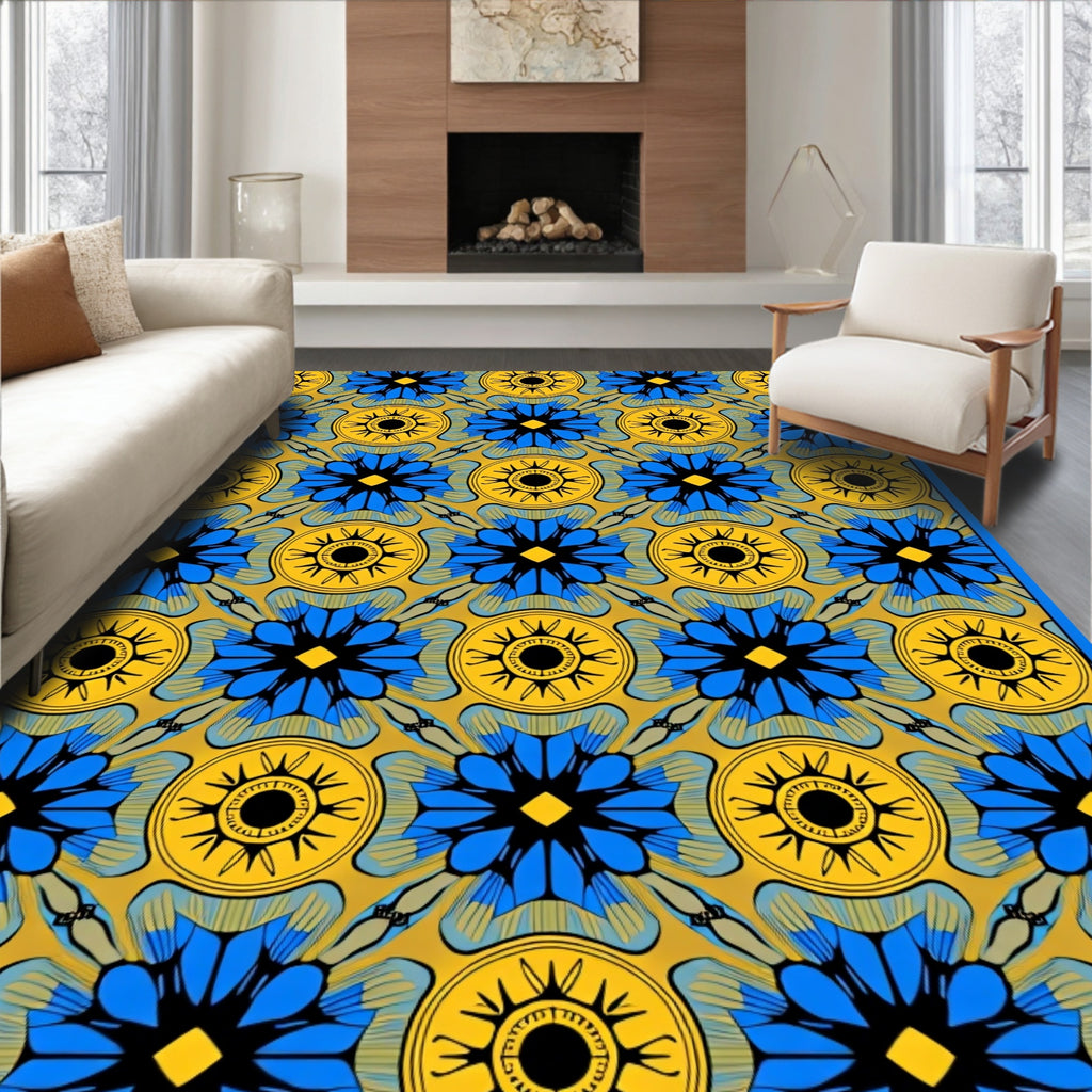 Yellow Blue Floral Sunburst Pattern Rug
