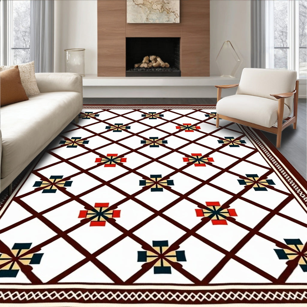 Geometric Lattice Red Blue Ochre Rug