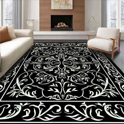 Black White Detailed Floral Pattern Rug