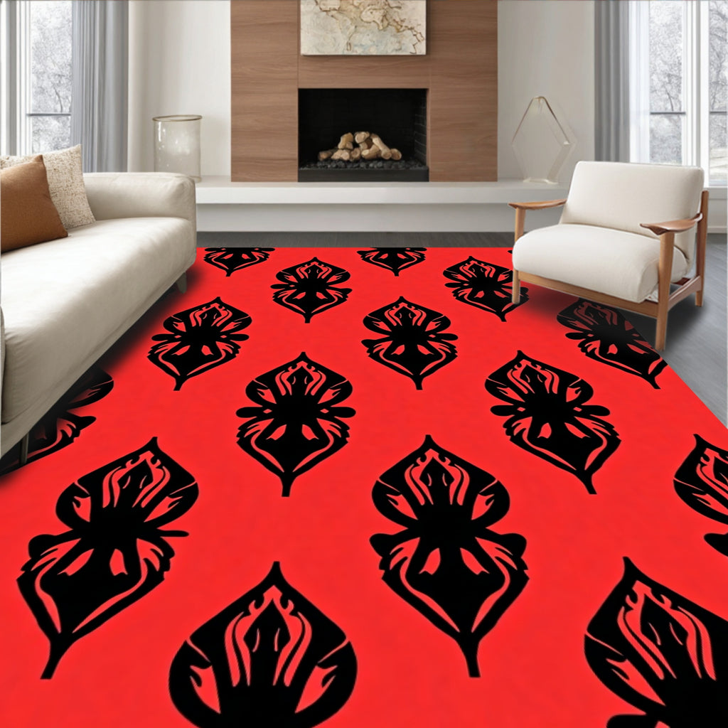 Bold Black Stylized Floral Pattern Rug