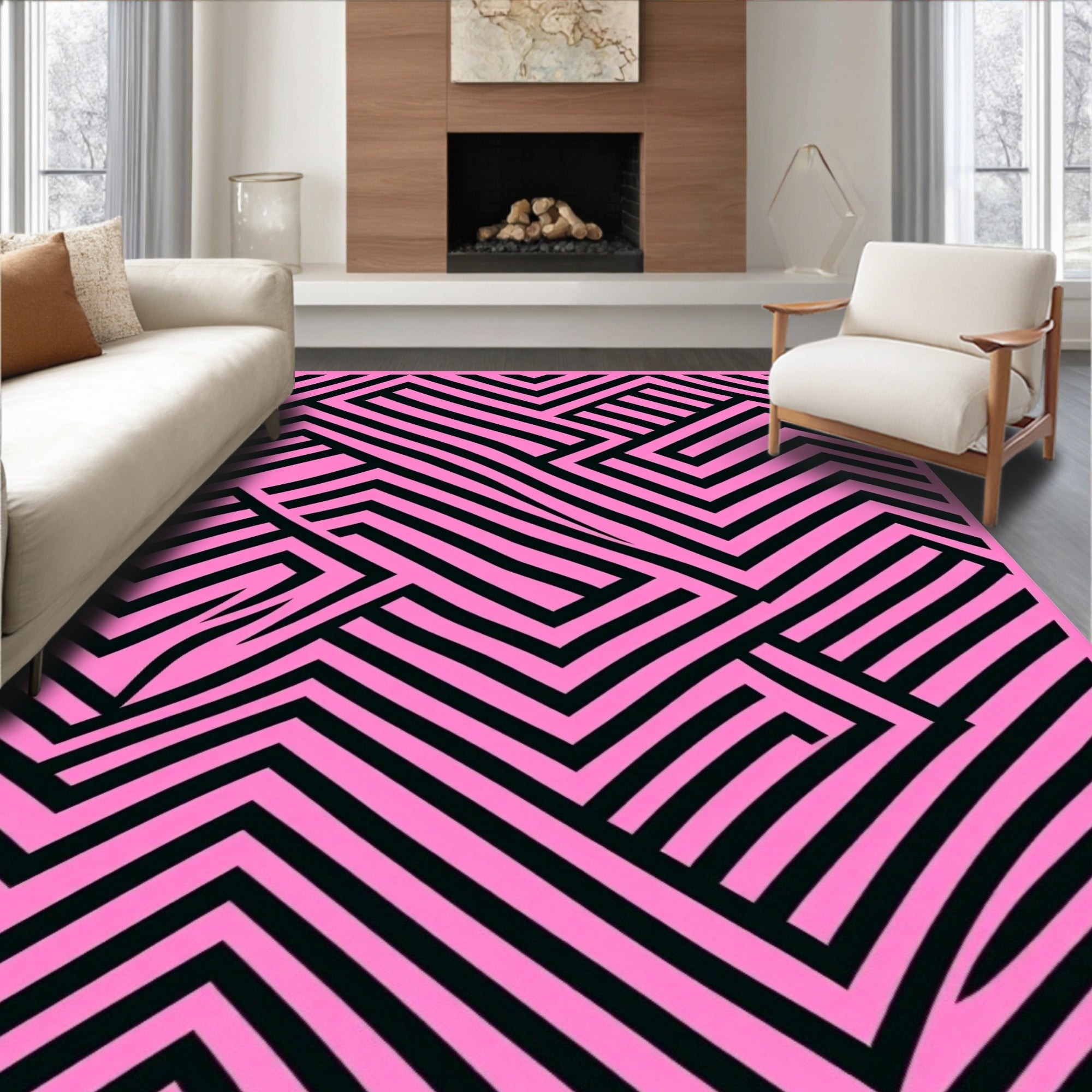 Pink and Black Geometric Maze Rug