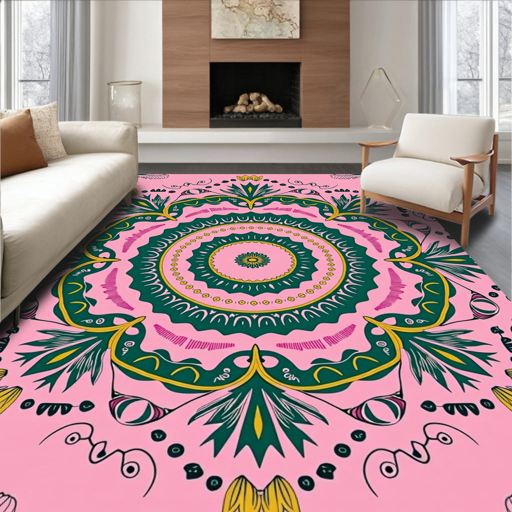 Floral Green Yellow Pink Mandala Design Rug