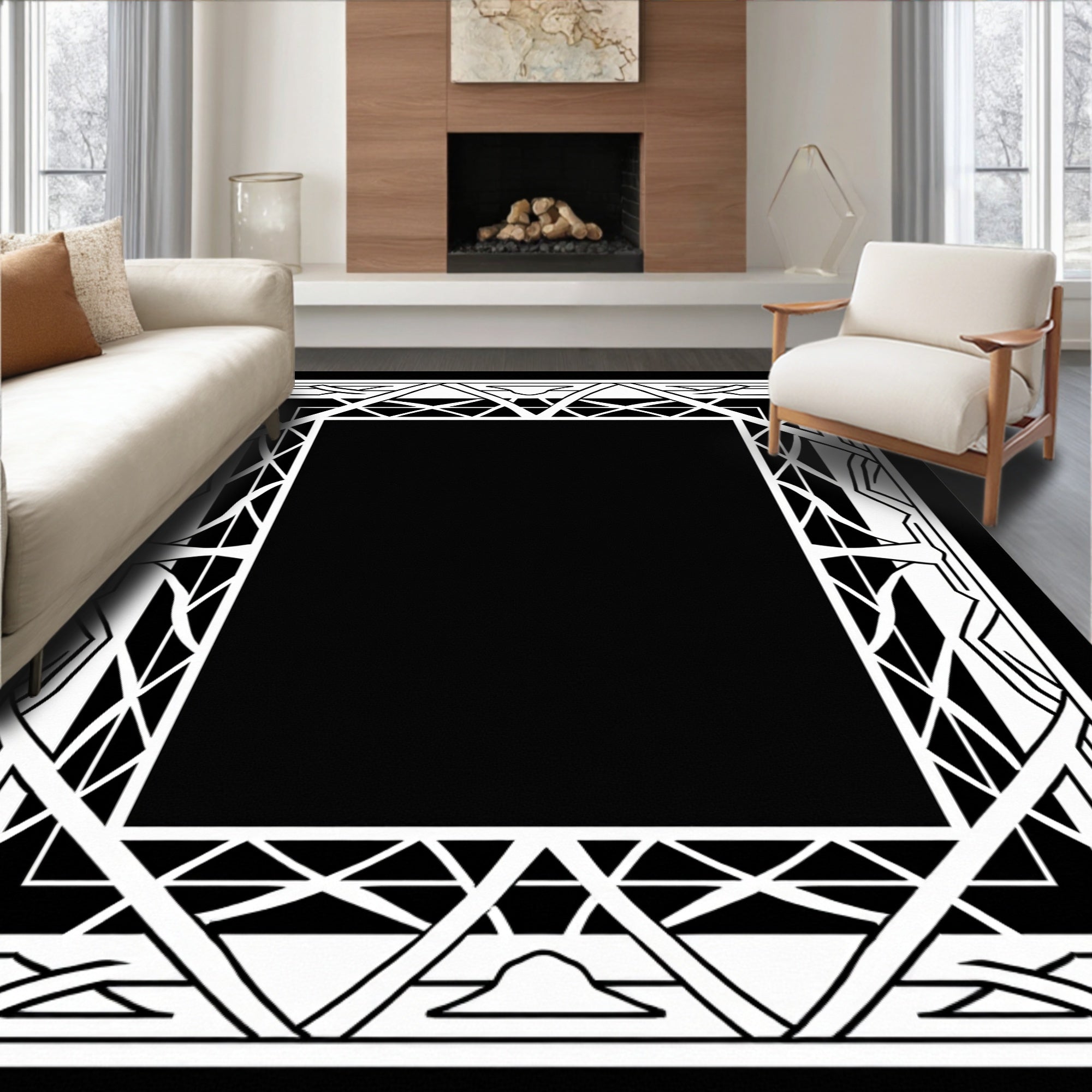 Art Deco Geometric Patterned Black White Rug