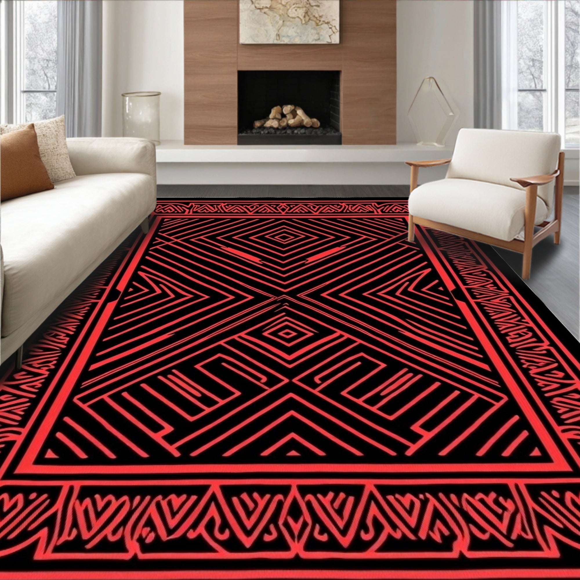 Bold Red Geometric Tribal Design Rug