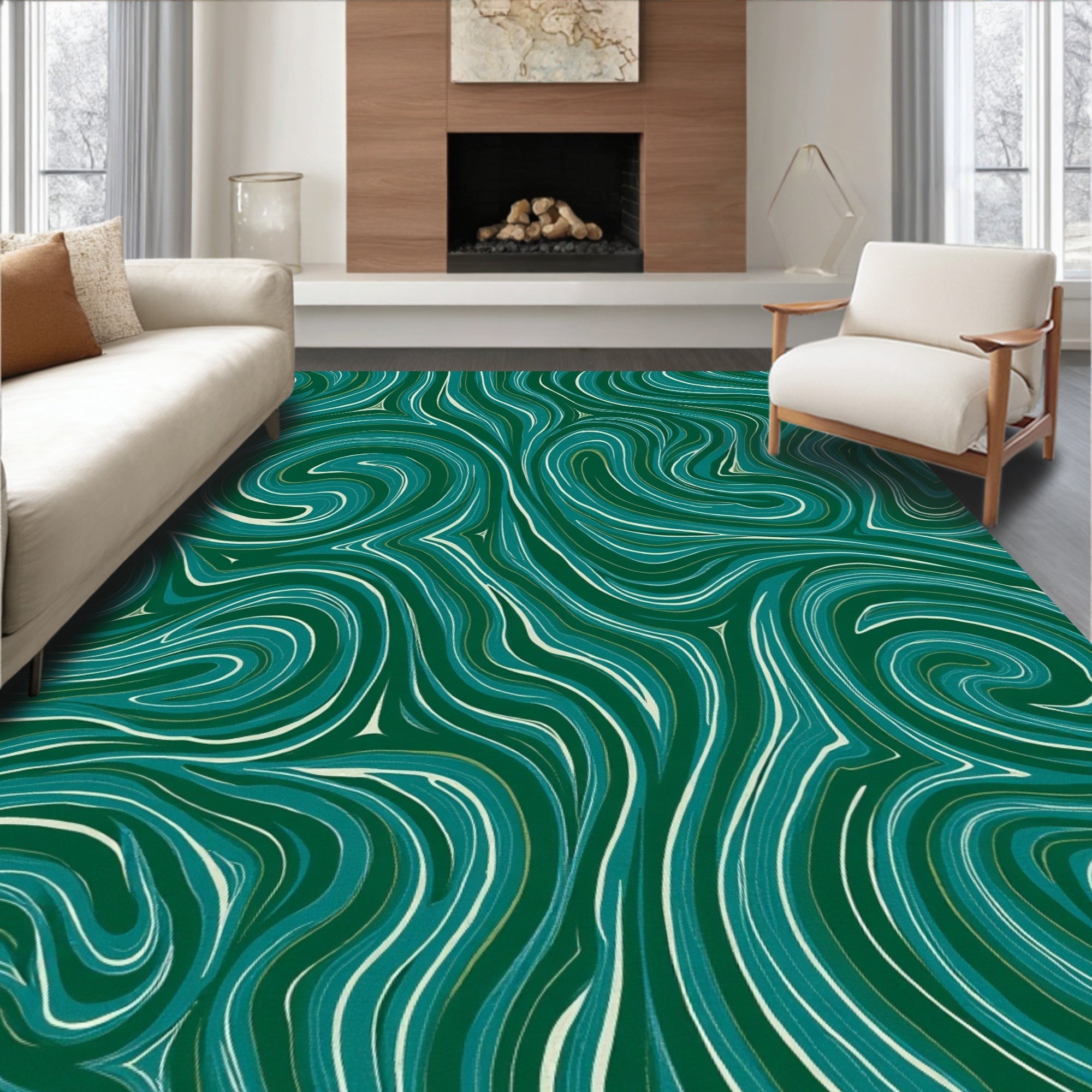Emerald Green Swirl Art Pattern Rug