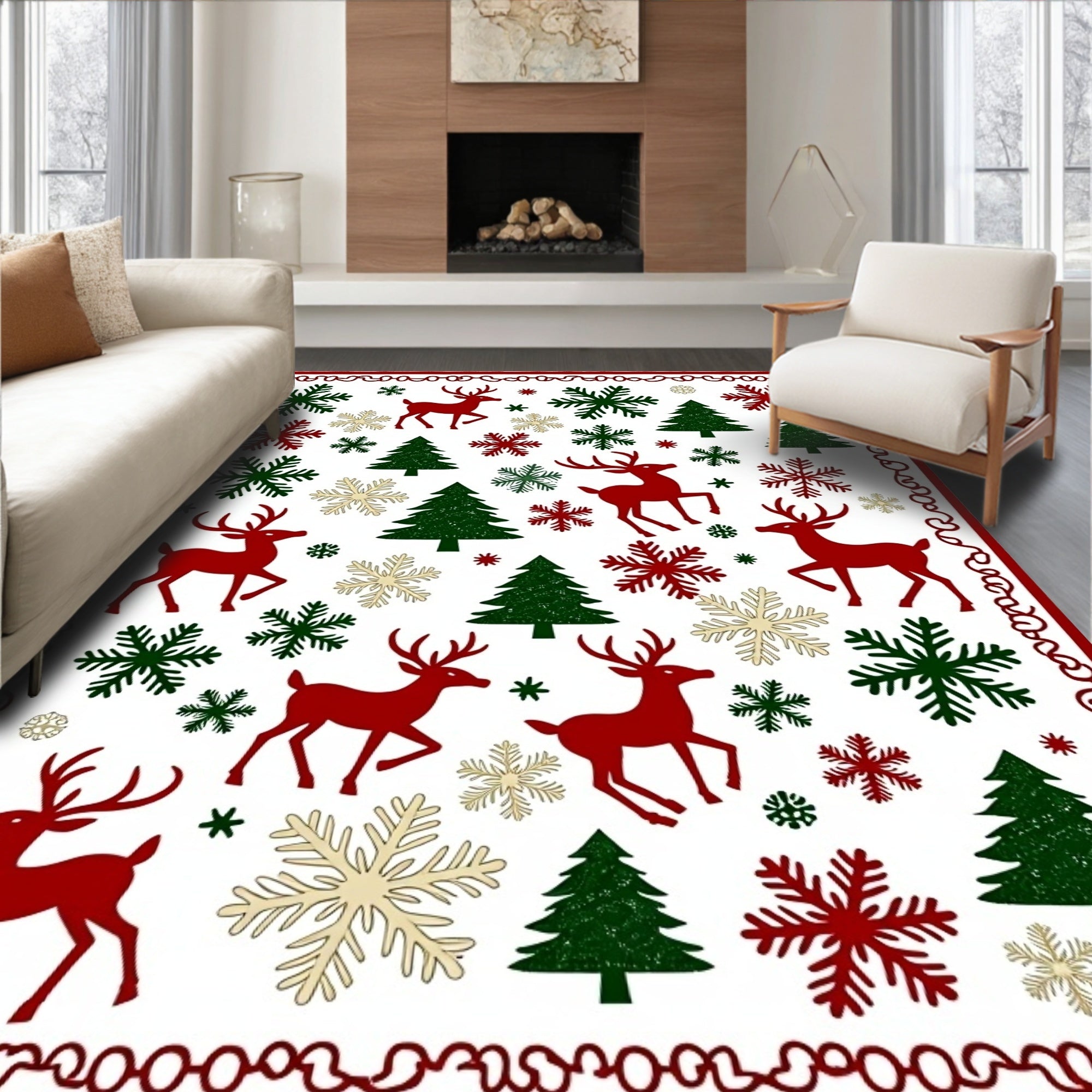 Festive Red Green Deer Snowflakes Trees Border Rug