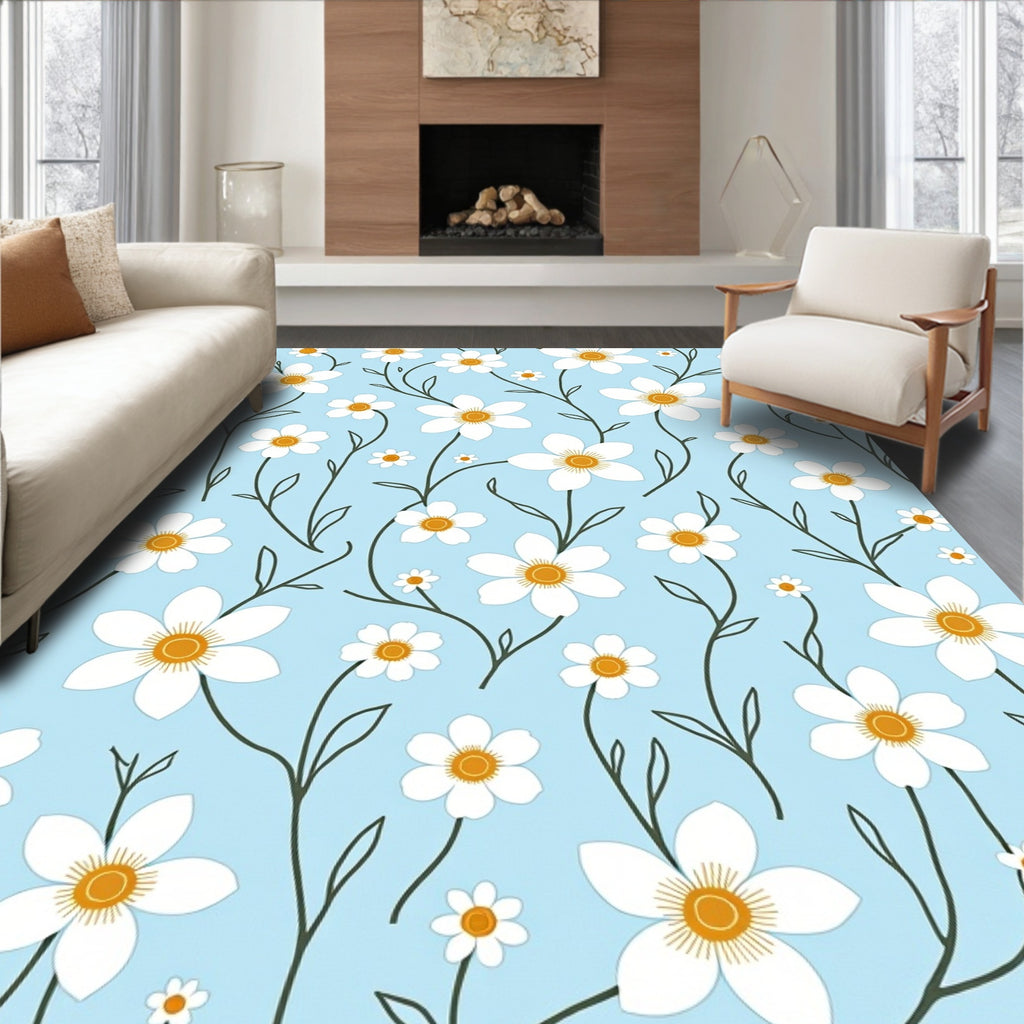 Delicate White Yellow Floral Pattern Rug