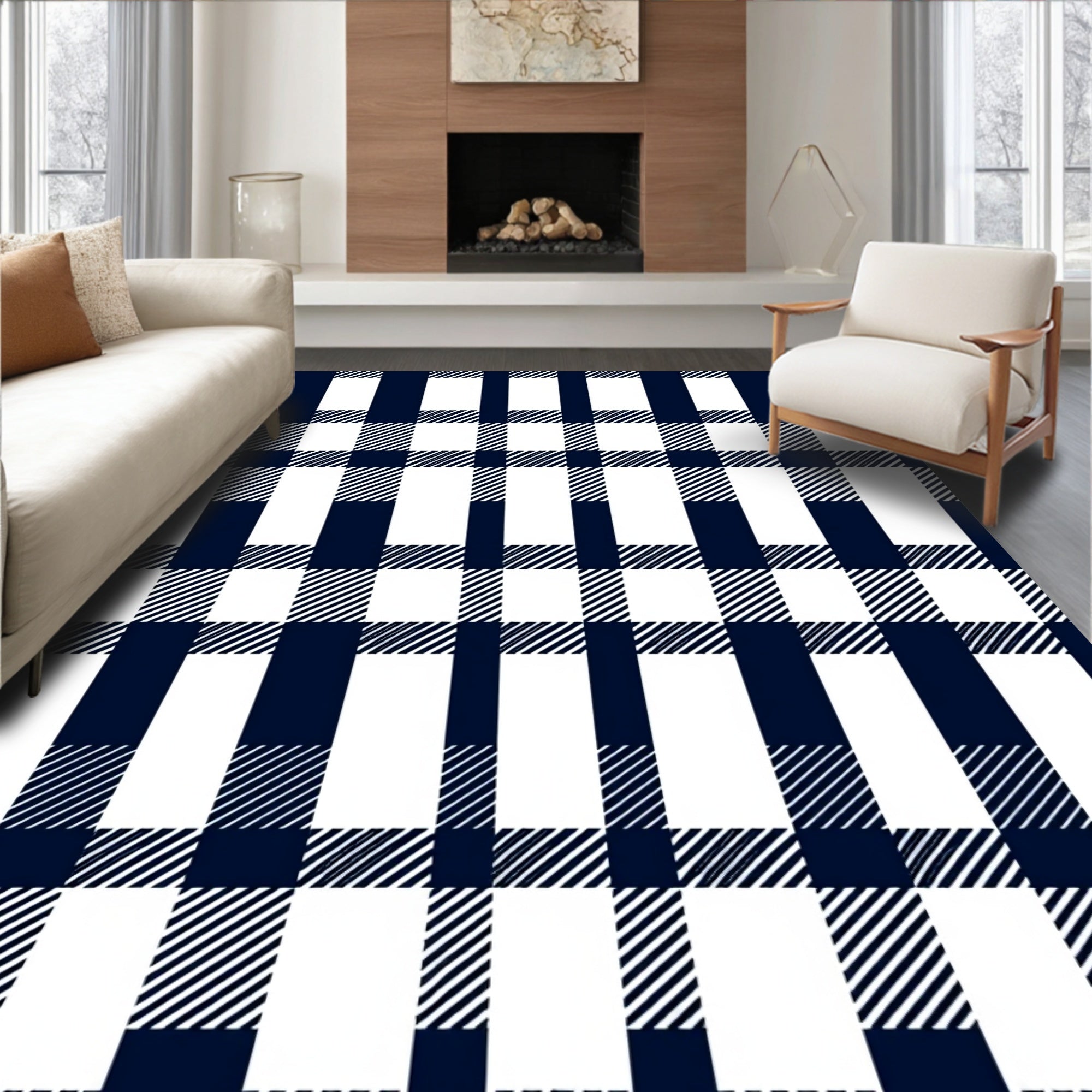 Classic Navy White Gingham Plaid Design Rug