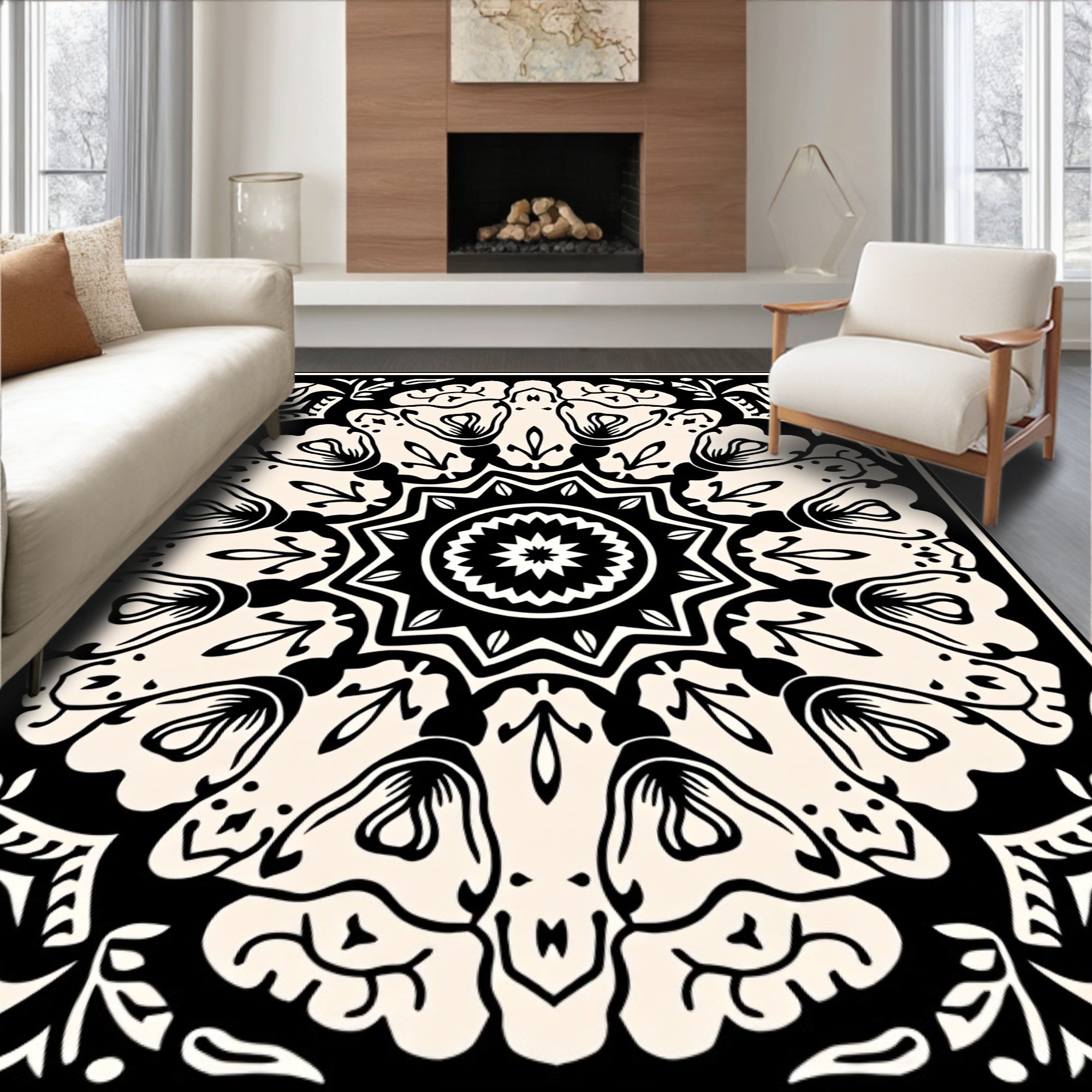 Mono Floral Mandala Pattern Rug