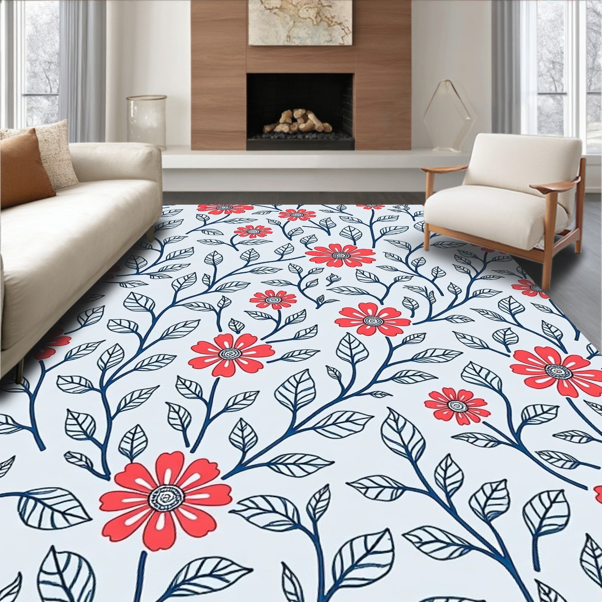 Coral Floral Vine Pattern Rug