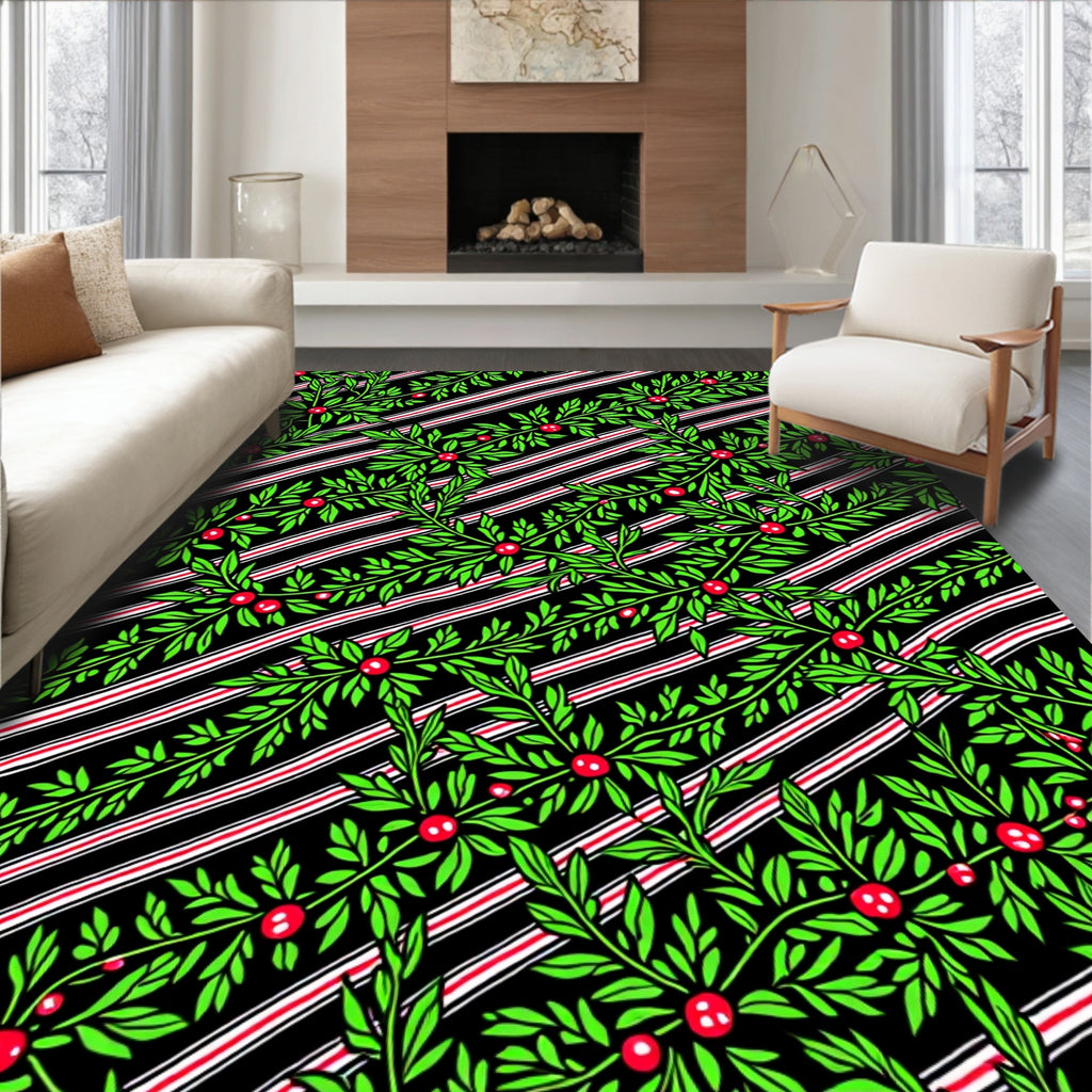 Green Berry Vine Red Stripe Rug