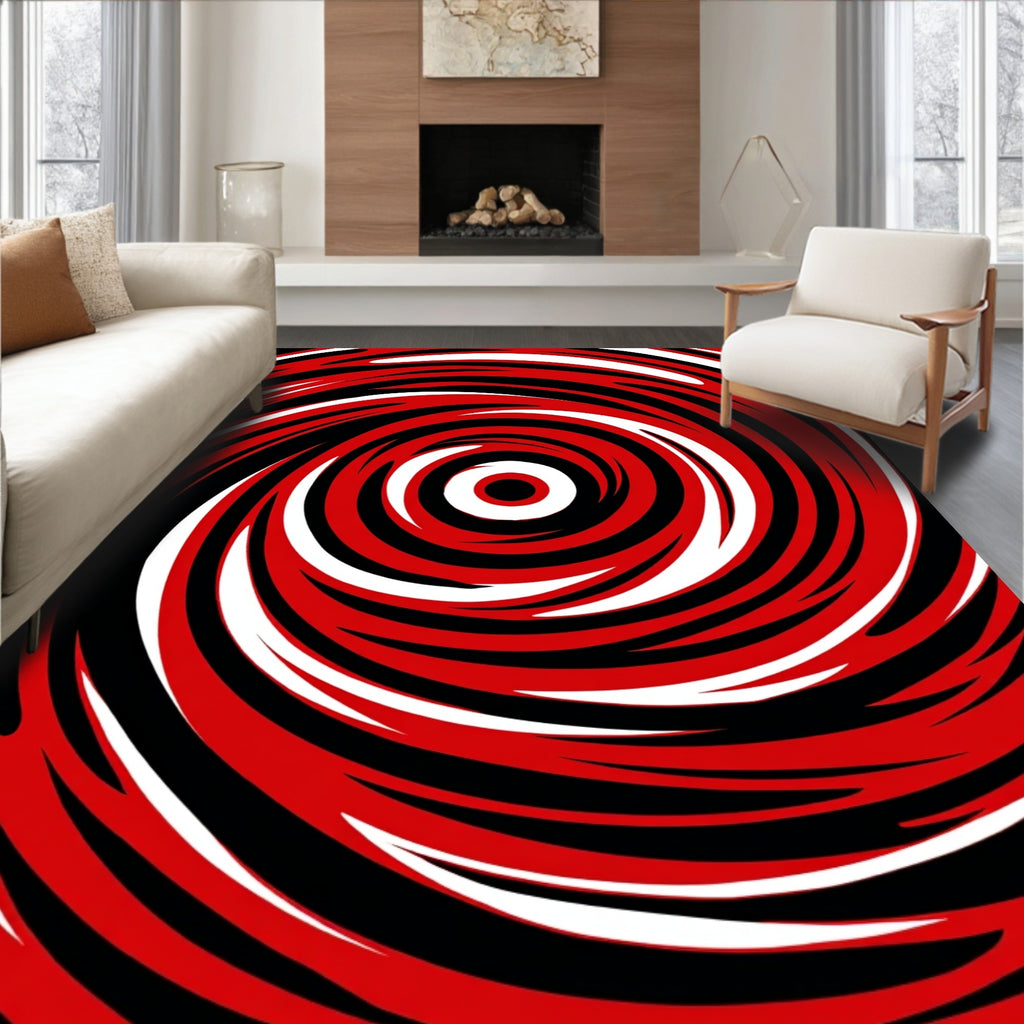 Bold Red Black White Swirl Pattern Rug