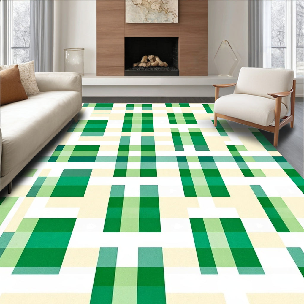 Green And Ivory Intersecting Stripes Rug